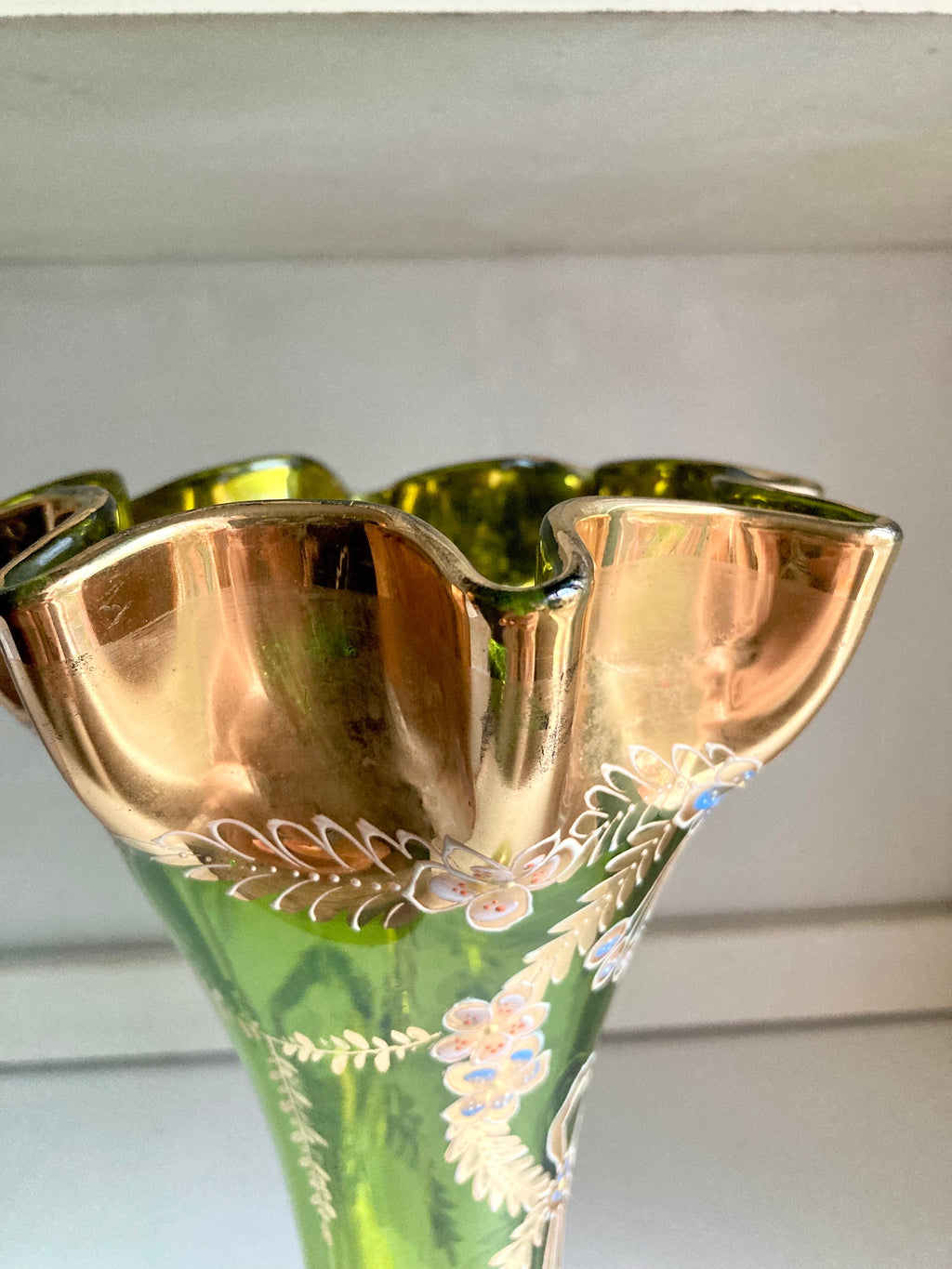 Bohemian Green Glass Ruffled Vase: Gilt Floral Hand-Painted Decor