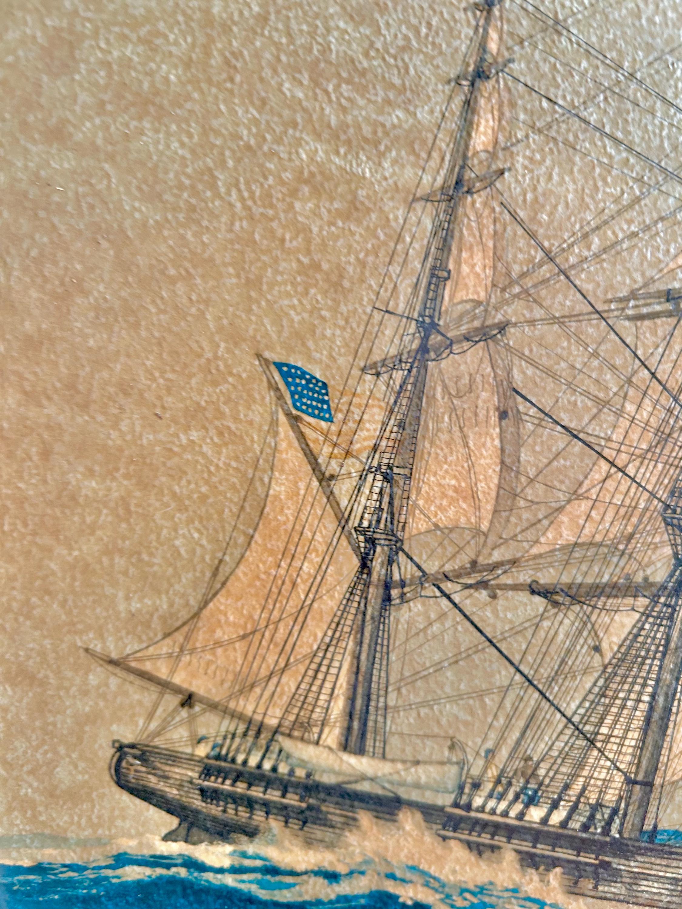 Vintage Sailboat Print: Textured Maritime Art in Gilt Olive Frame