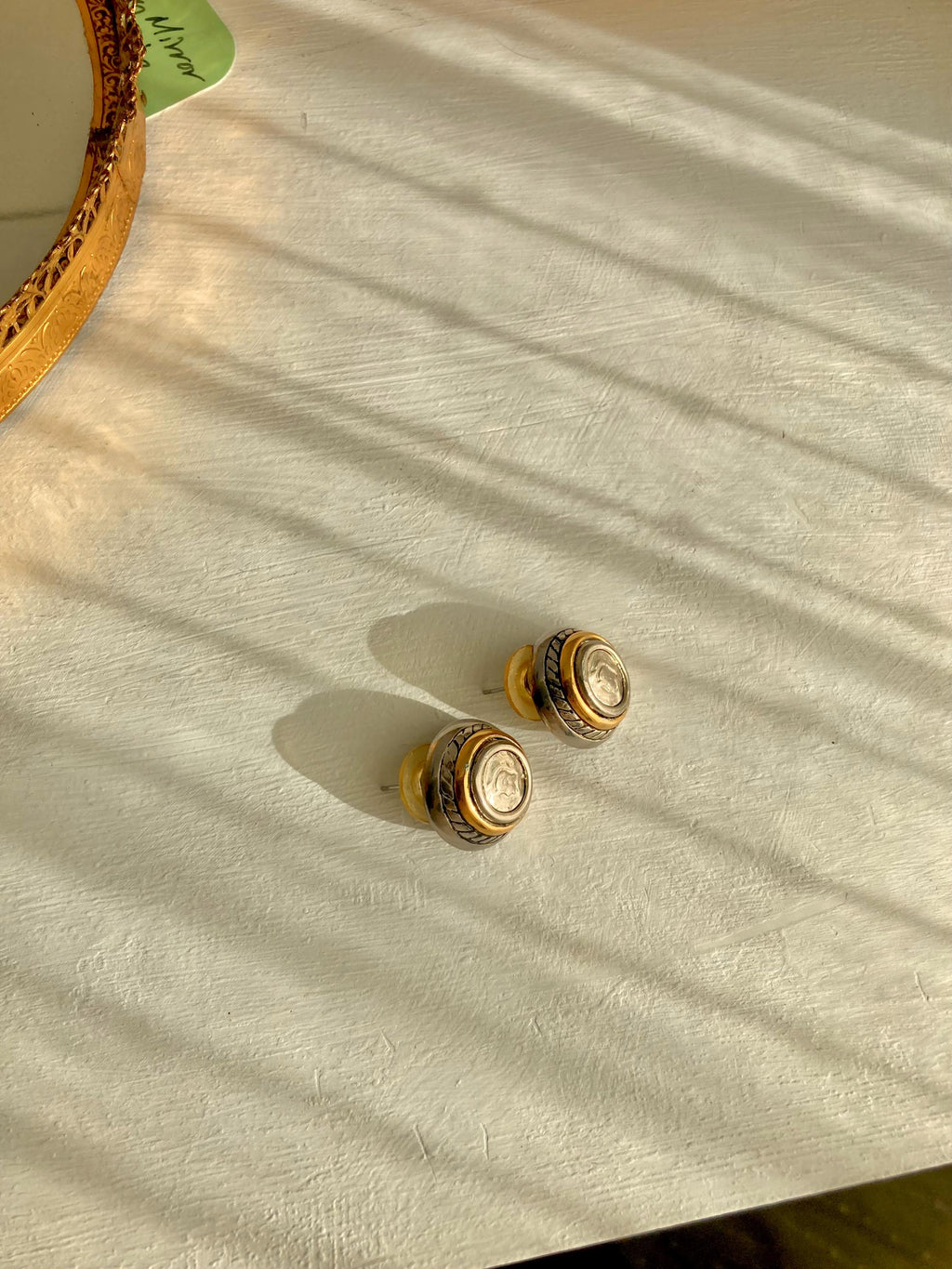 Vintage Roman-Coin-Button Gold and Silver Tone Blend Earrings for Pierced Ears