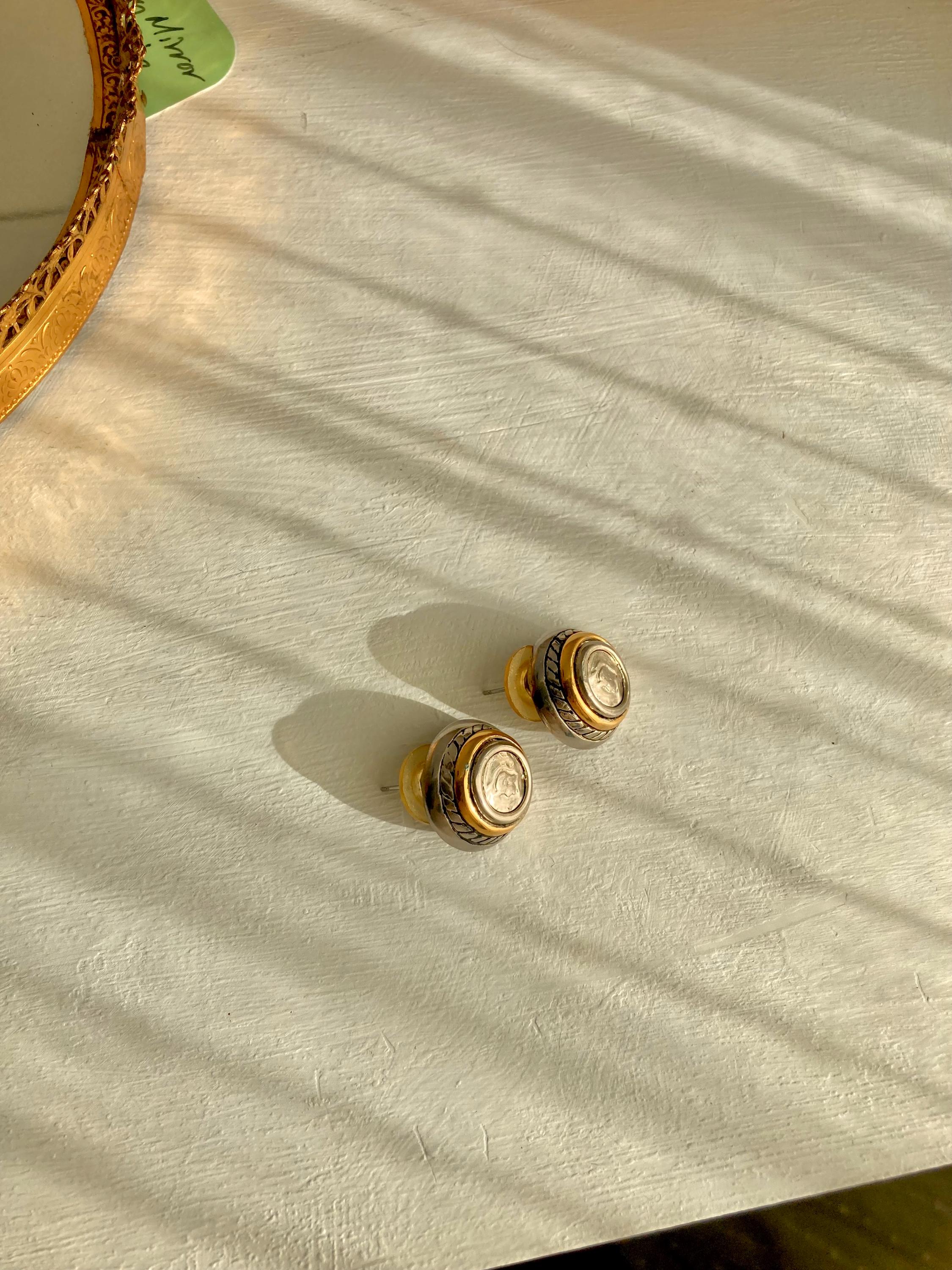 Vintage Roman-Coin-Button Gold and Silver Tone Blend Earrings for Pierced Ears