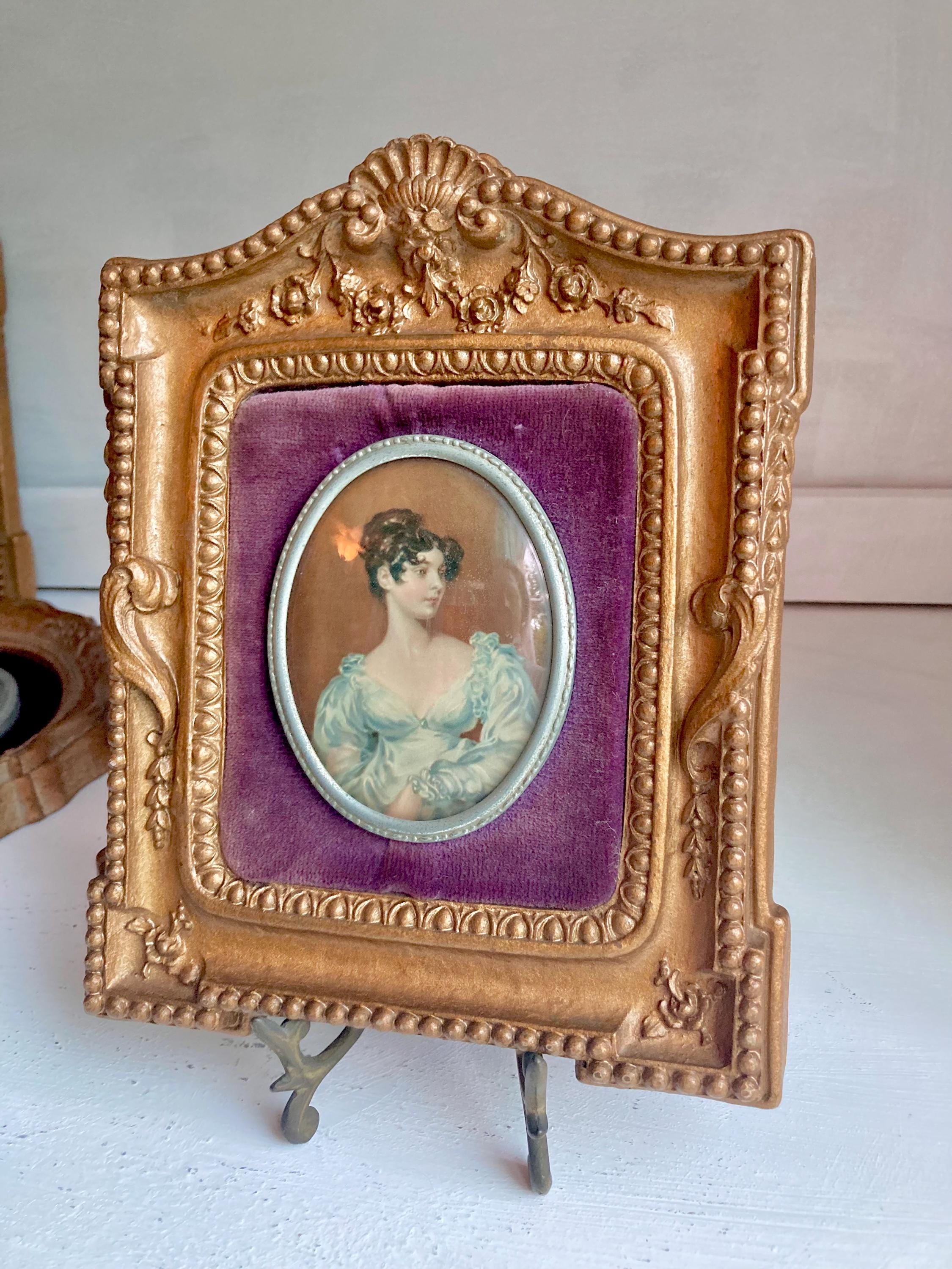 Vintage Framed Cameo Portrait: Gilt Floral Wood & Velvet Decor - Choose 1