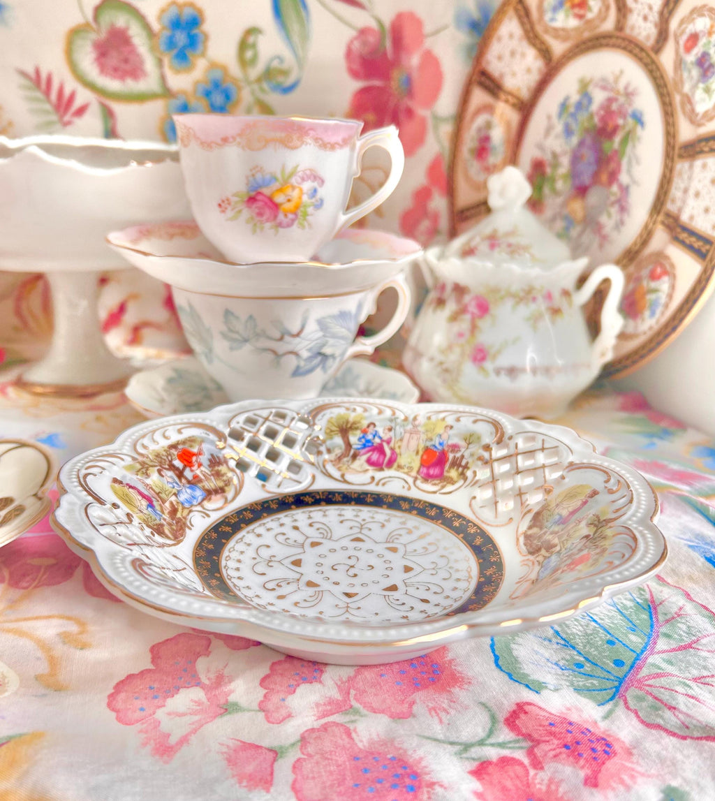 Vintage Perforated Bowl: Victorian Leisure Scenes, Gold Trim, Scalloped Rim
