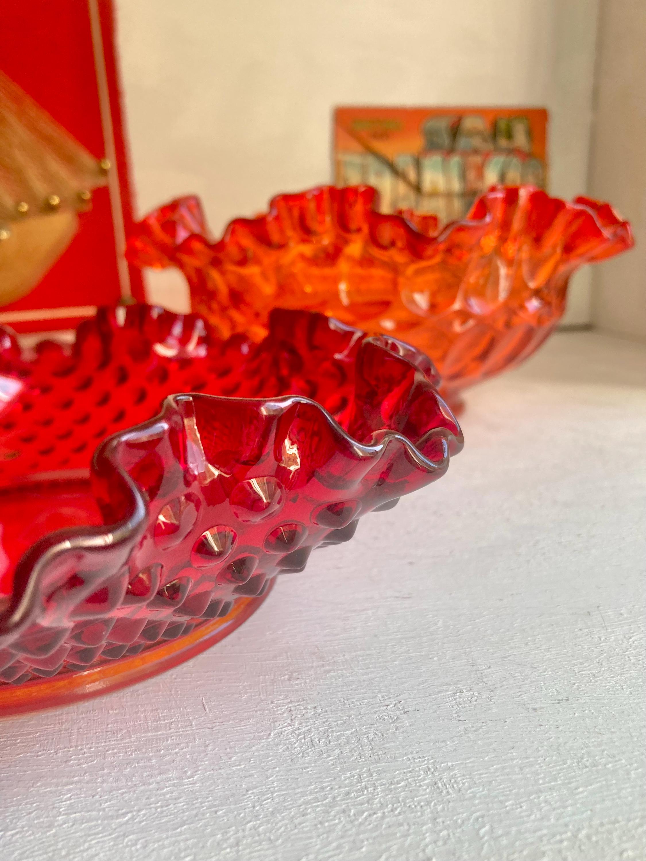 Vintage Fenton Amberina Glass Bowl: Red-Orange Ruffled Rim, UV Reactive