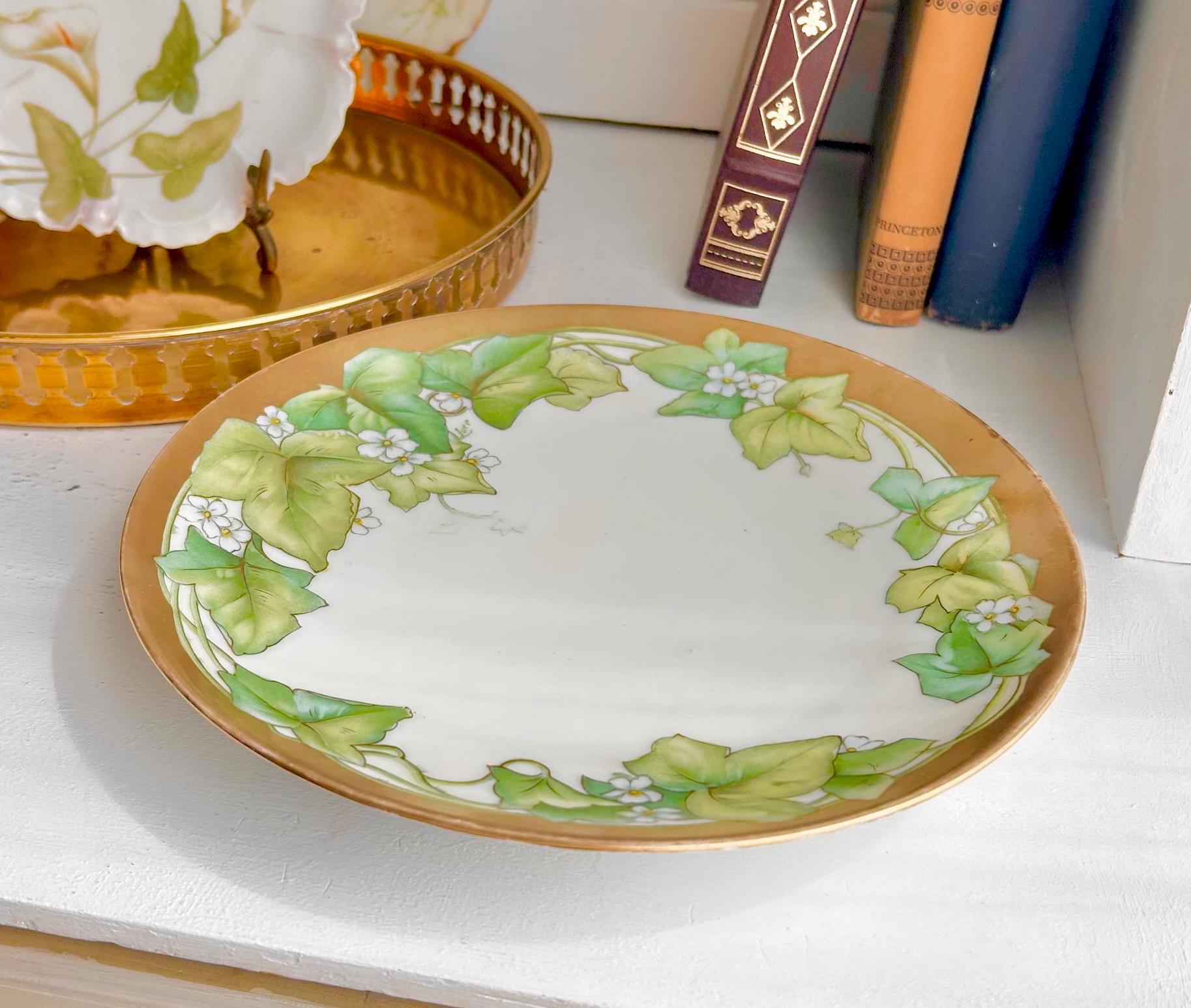 Vintage P.T. Bavaria Porcelain Plate: Hand Painted Ivy & Gold Trim (8.5")