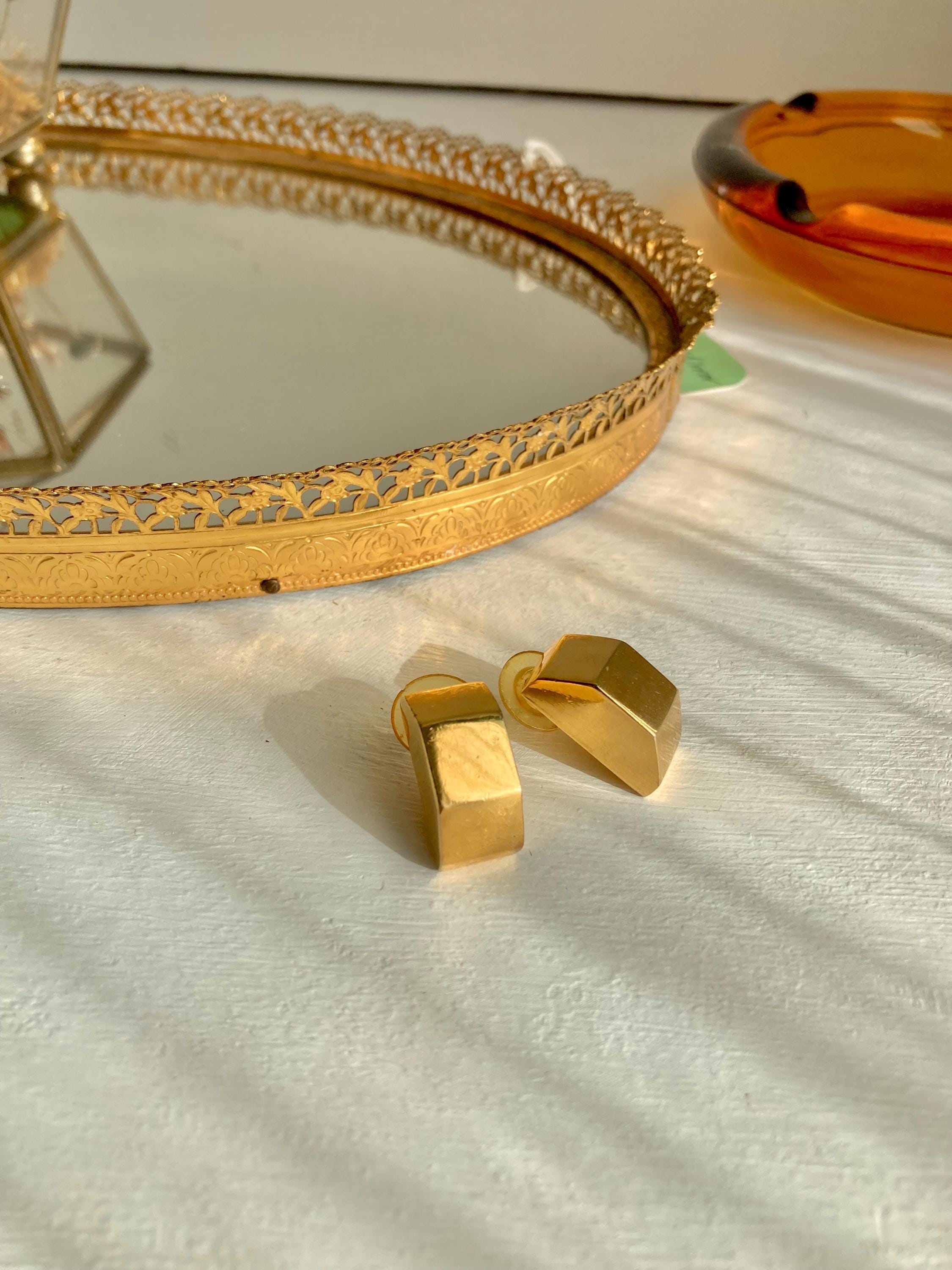 Vintage Gold Tone Statement Earrings - Geometric Angular 1980s Earrings for Pierced Ears