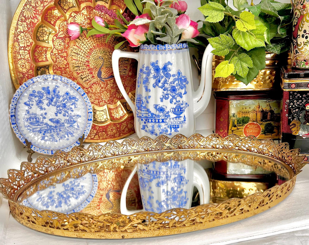Vintage Gilt Oval Mirror Tray: Gold Floral Bird Frame