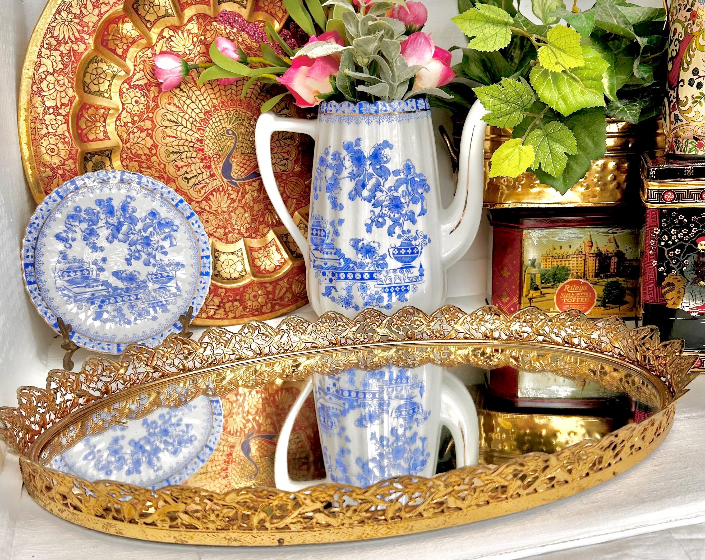 Vintage Gilt Oval Mirror Tray: Gold Floral Bird Frame