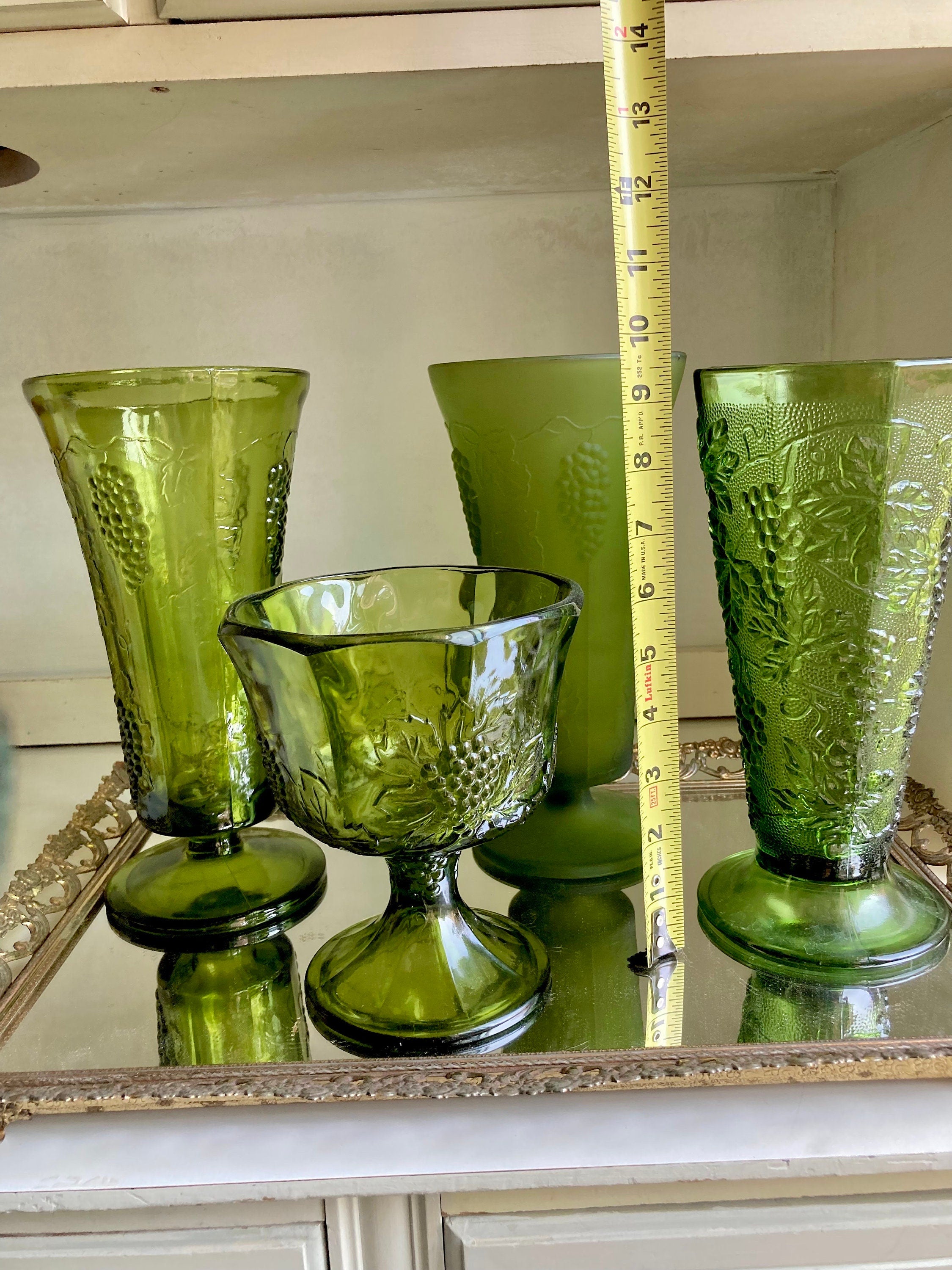 Vintage Green Glass Harvest Grape Pattern Pedestal Vases and Compote: Choose from 4