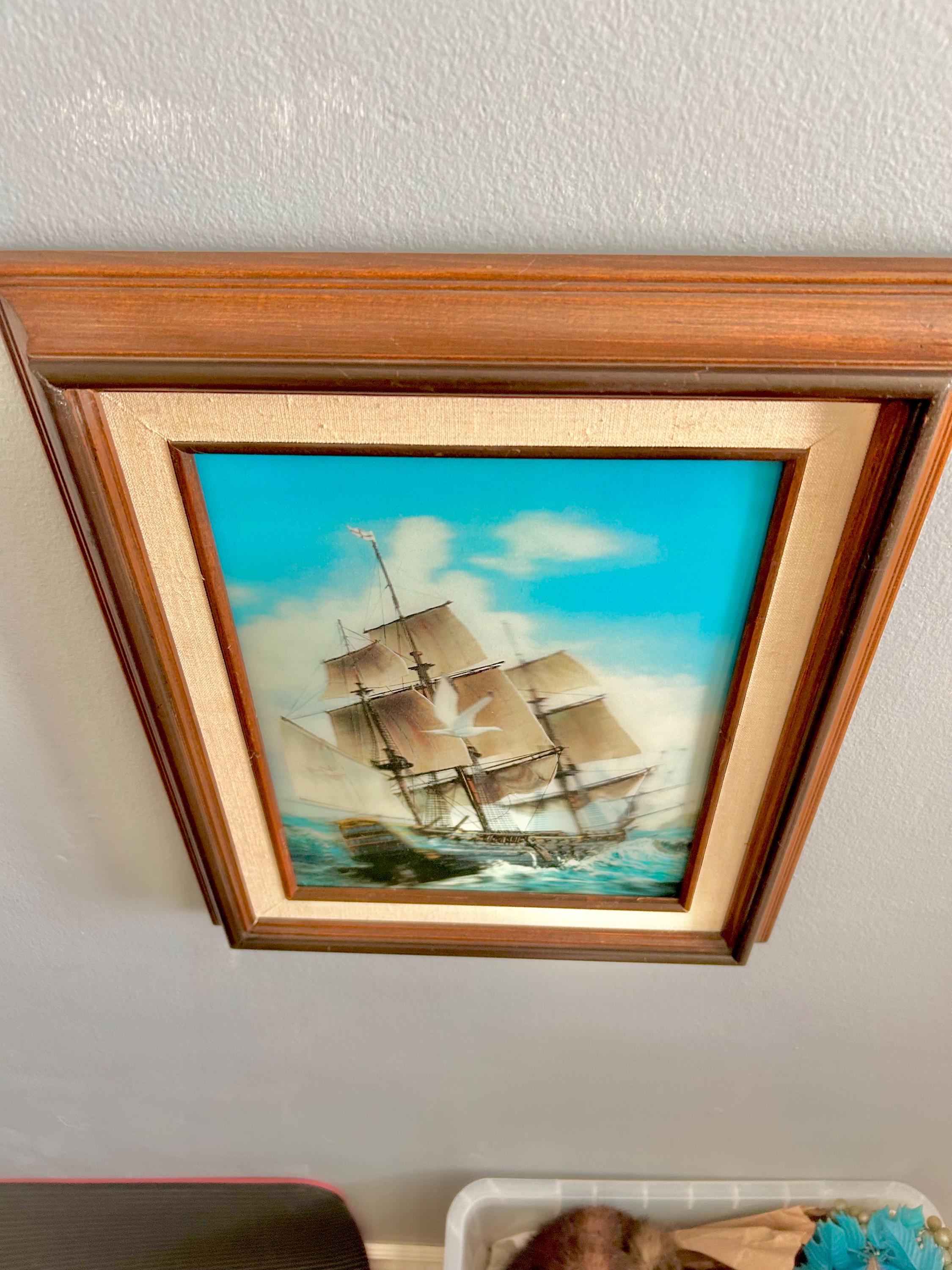 Vintage Lenticular Sailboat Art: 3D Hologram, Wood & Linen Frame
