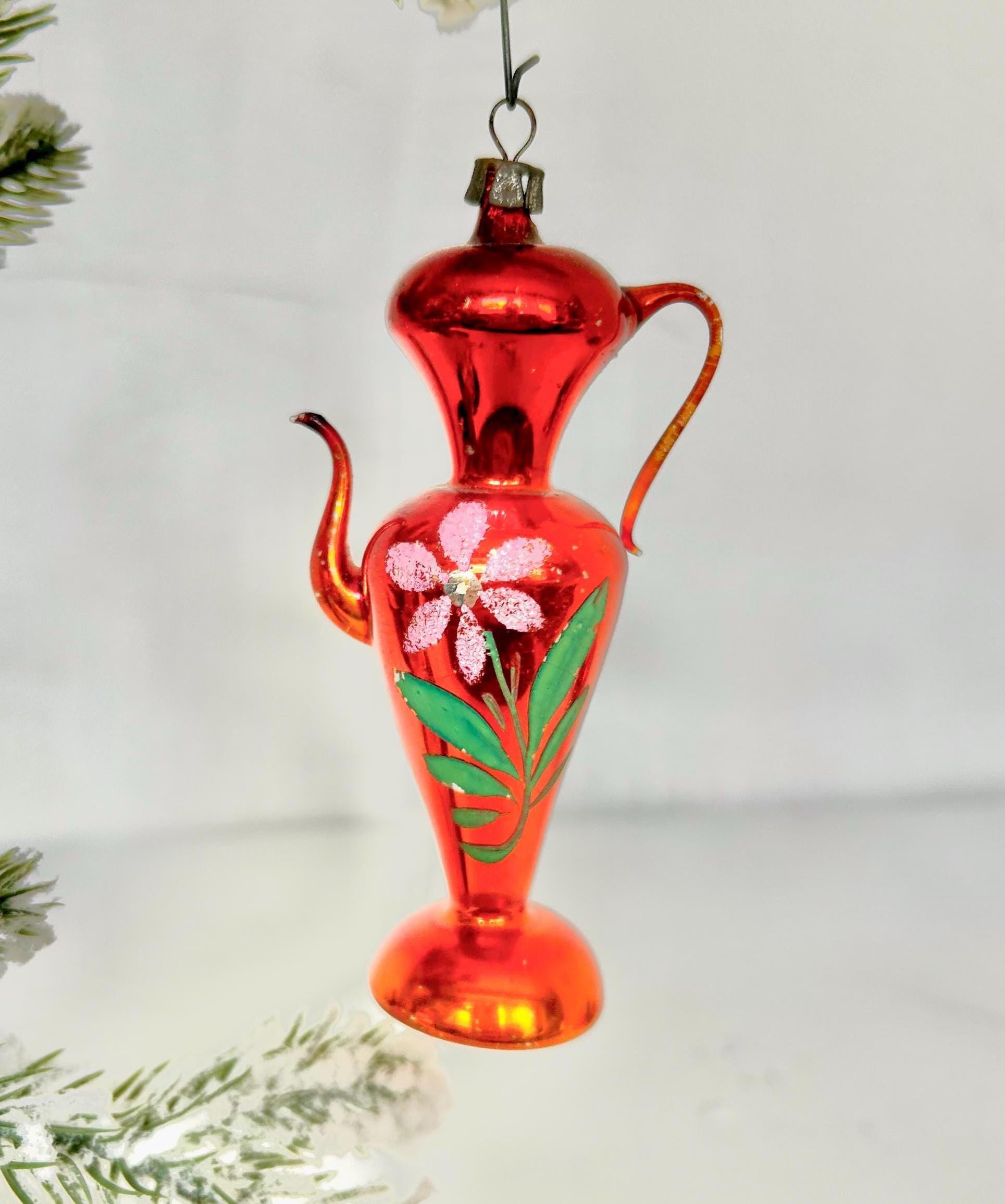Vintage Handmade Glass Christmas Ornaments Hand Painted Teapots & Drop Bulbs