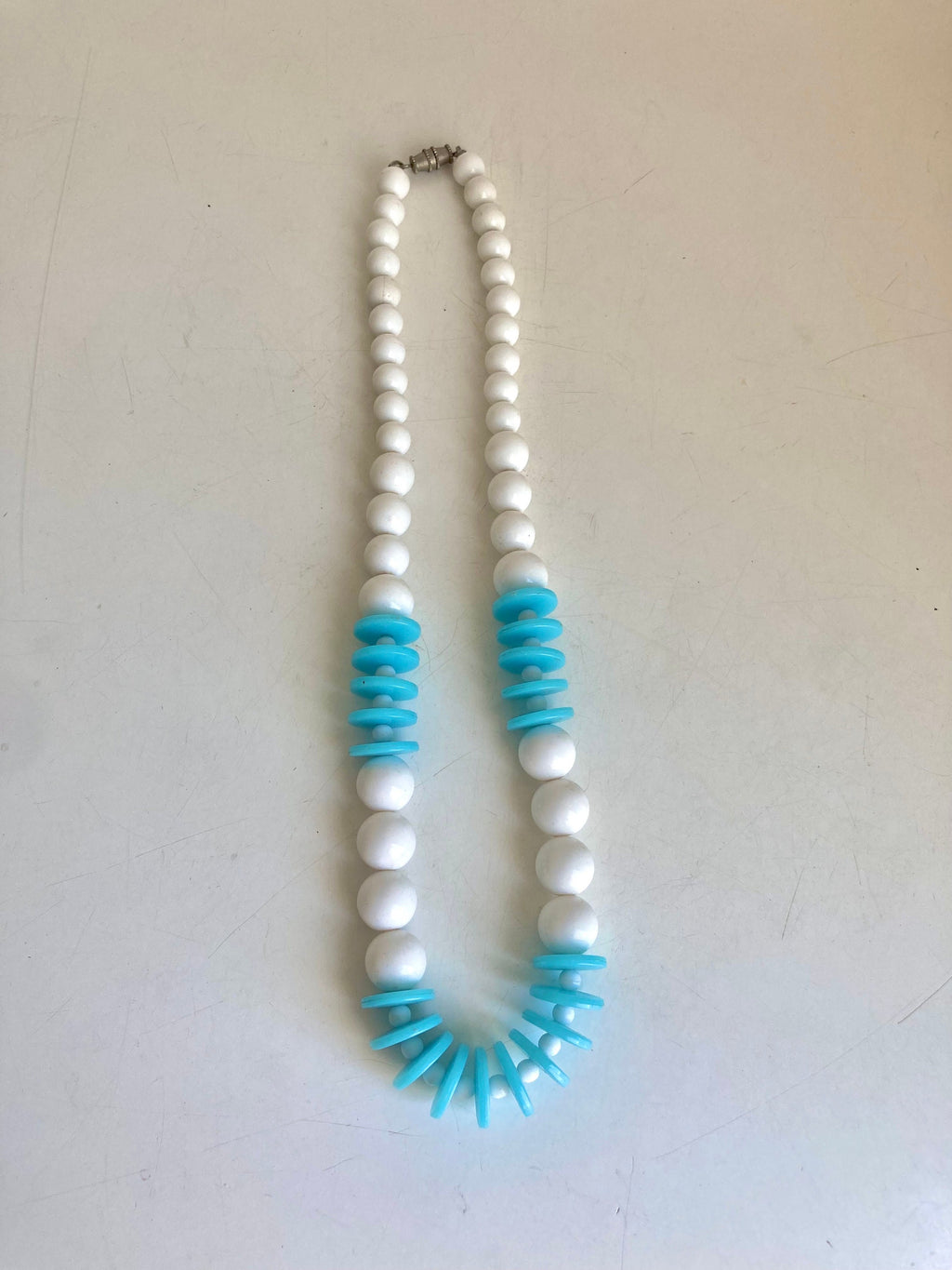 Vintage White & Sky Blue Plastic Beaded Necklace - 18"
