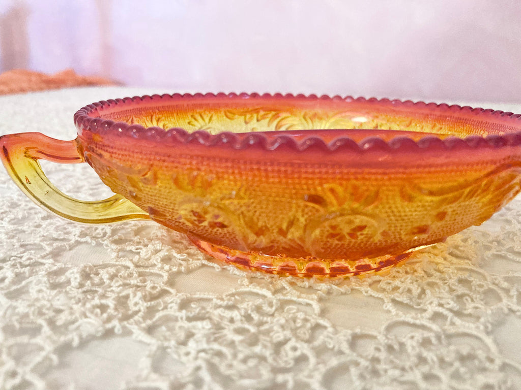 Vintage Amberina Depression Glass Divided Relish Dish with Handle, Rounded Sawtooth Edging