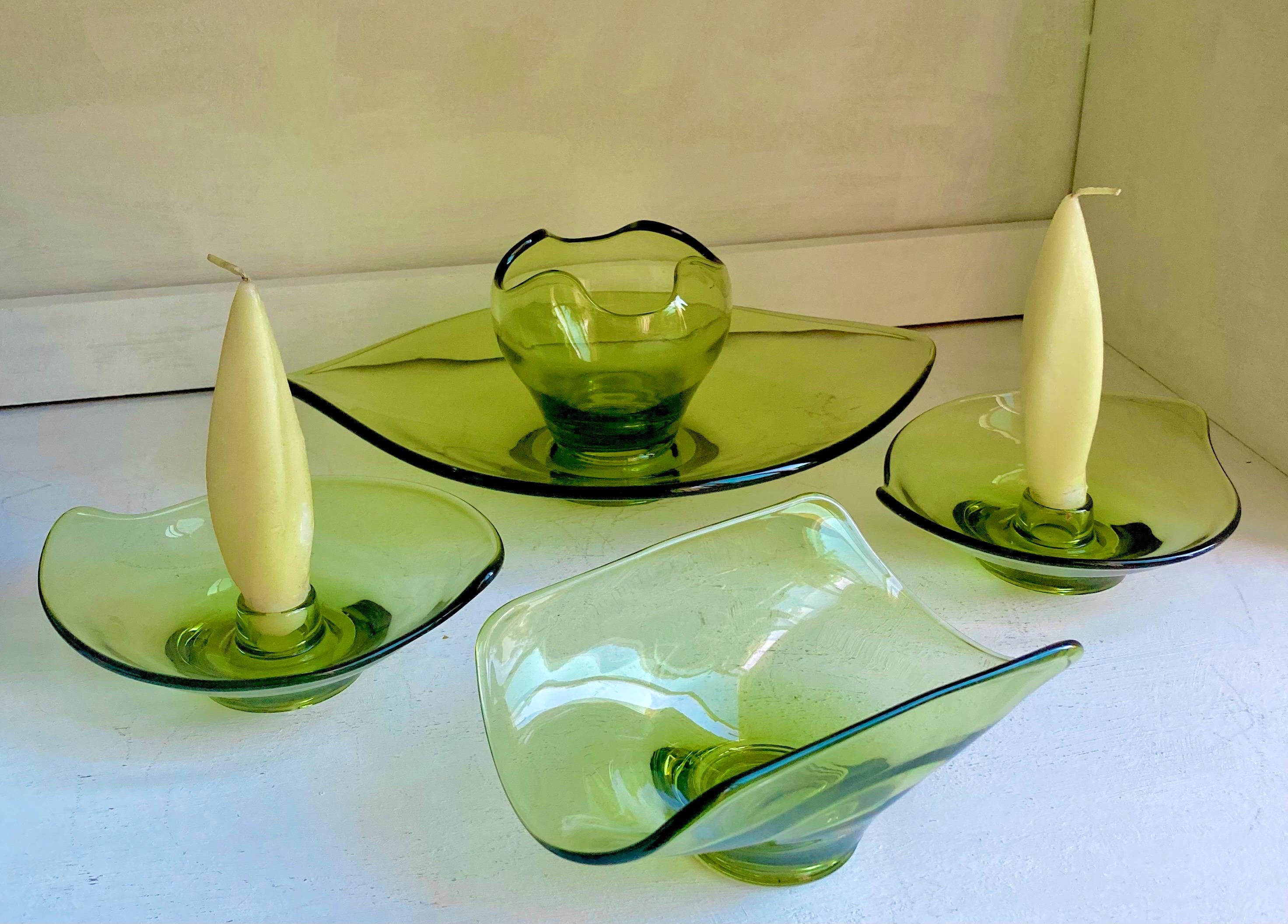 Vintage Viking Green Glass Epic Pattern: CHOOSE from various options, candleholder pair, bowls, dish