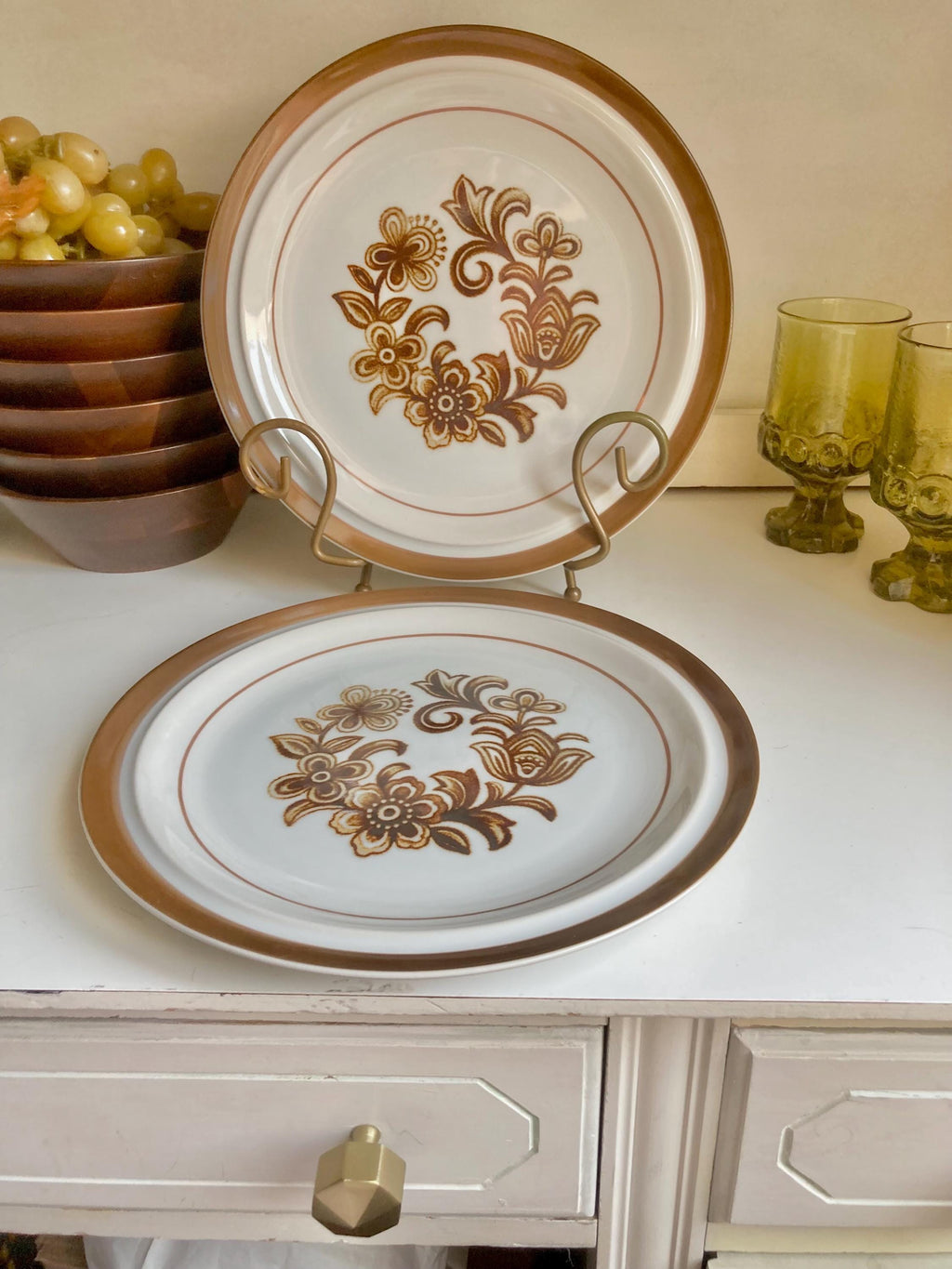 Vintage Monterrey Stoneware Dinner Plates - Brown Floral Set of 2