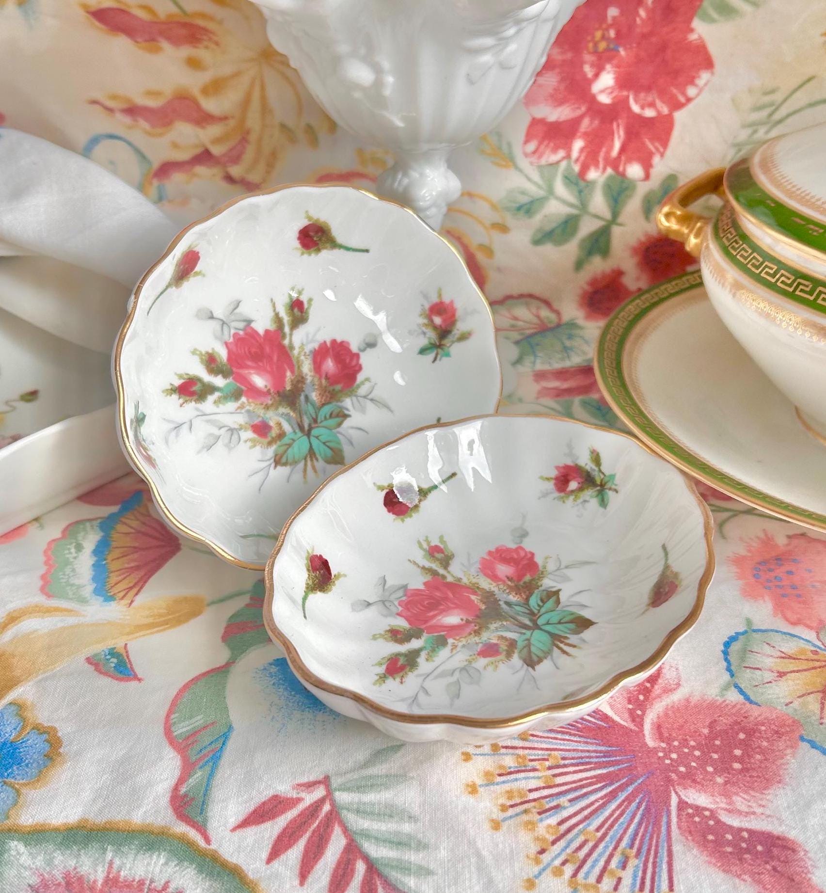 Vintage Hammersley Rose Trinket Dishes: Fine Bone China with Gold Trim