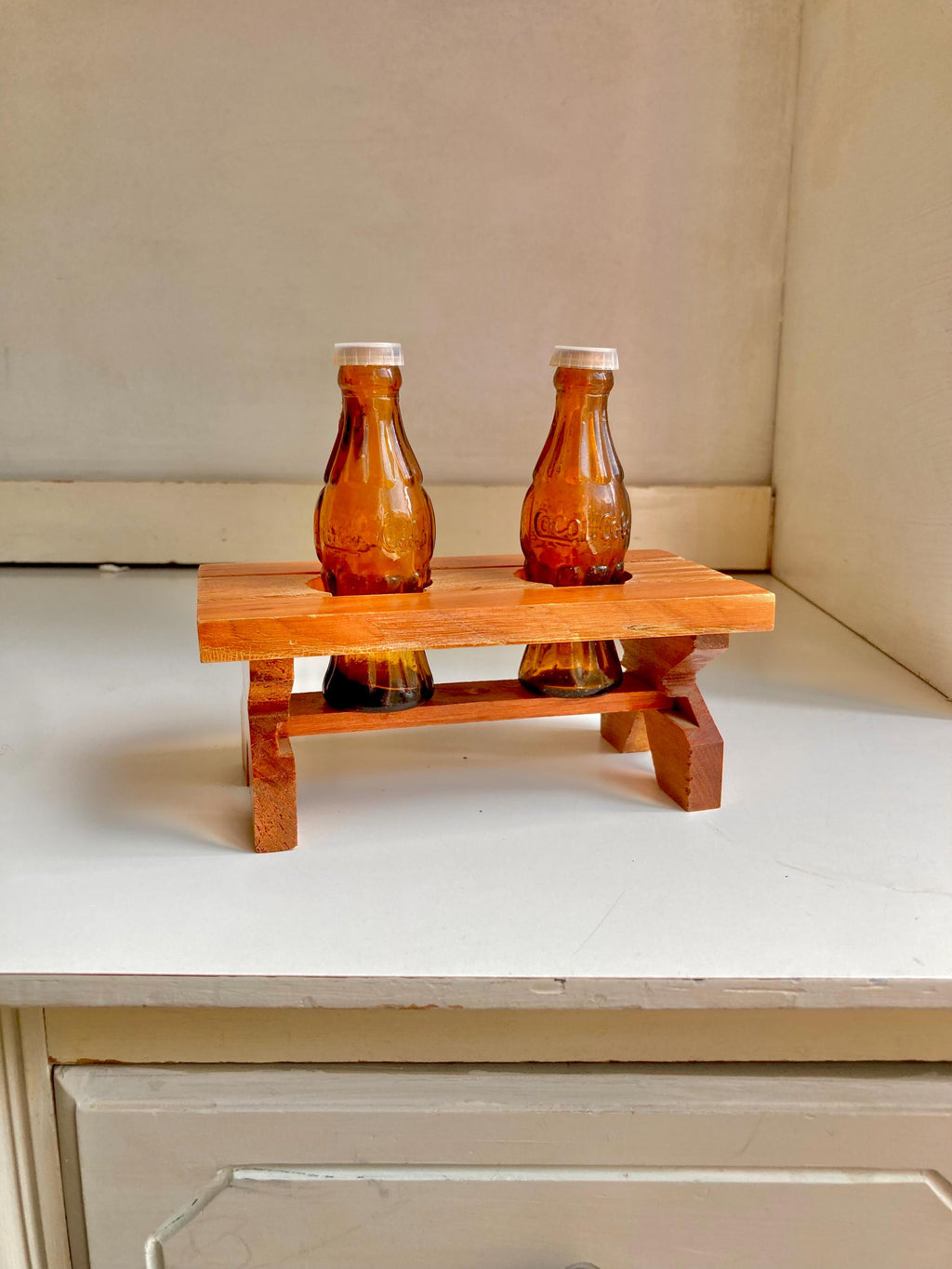 Vintage Salt and Pepper Shaker Set with Coca Cola Bottles and wooden Picnic Table