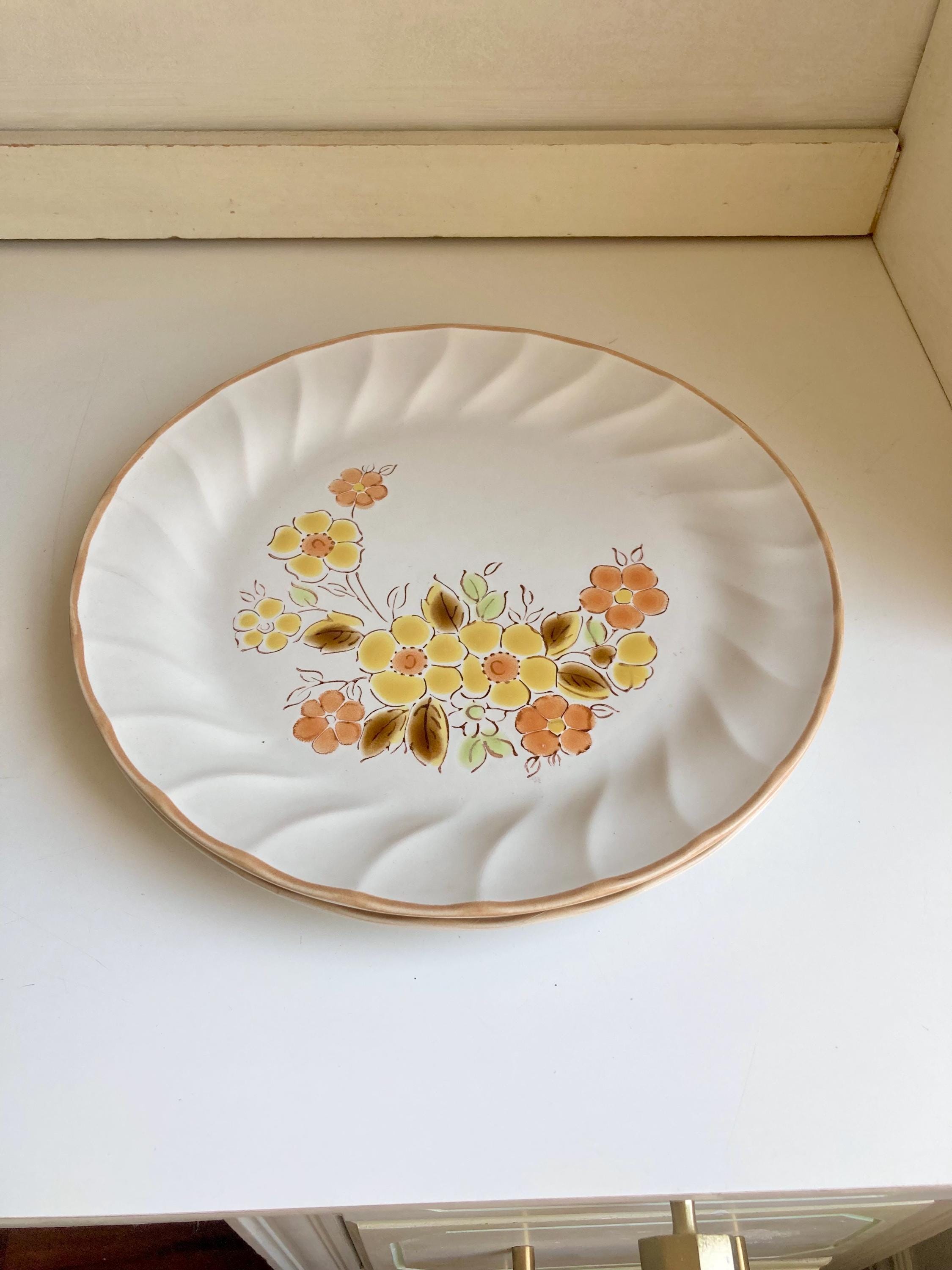 Vintage Gaiety Sculptura Stoneware Dinner Plates Pair - Orange Yellow Floral - Japan