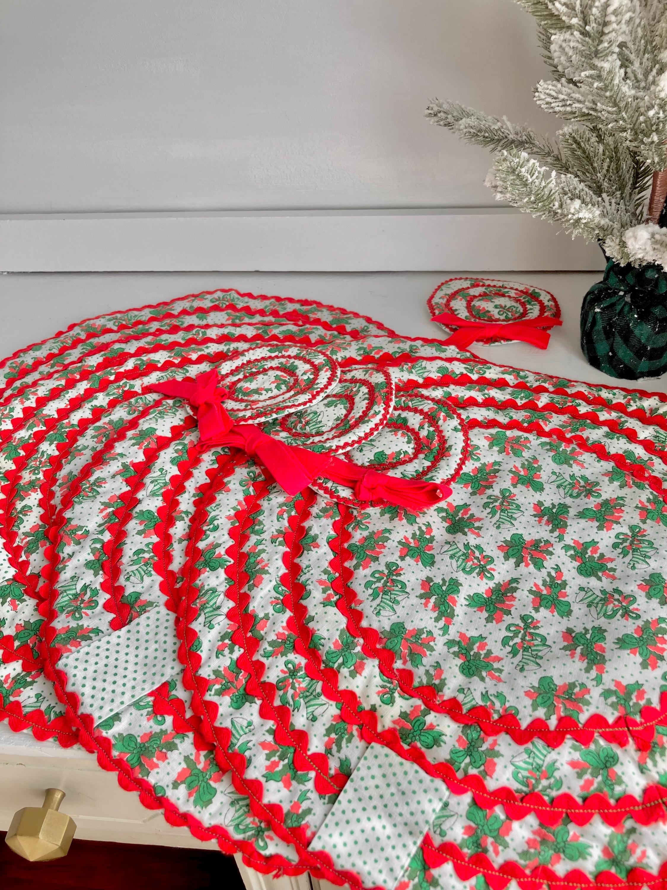 Vintage 1970s Hand-stitched Christmas Holiday Cotton Quilted Placemat Setting with Matching Coasters for Four