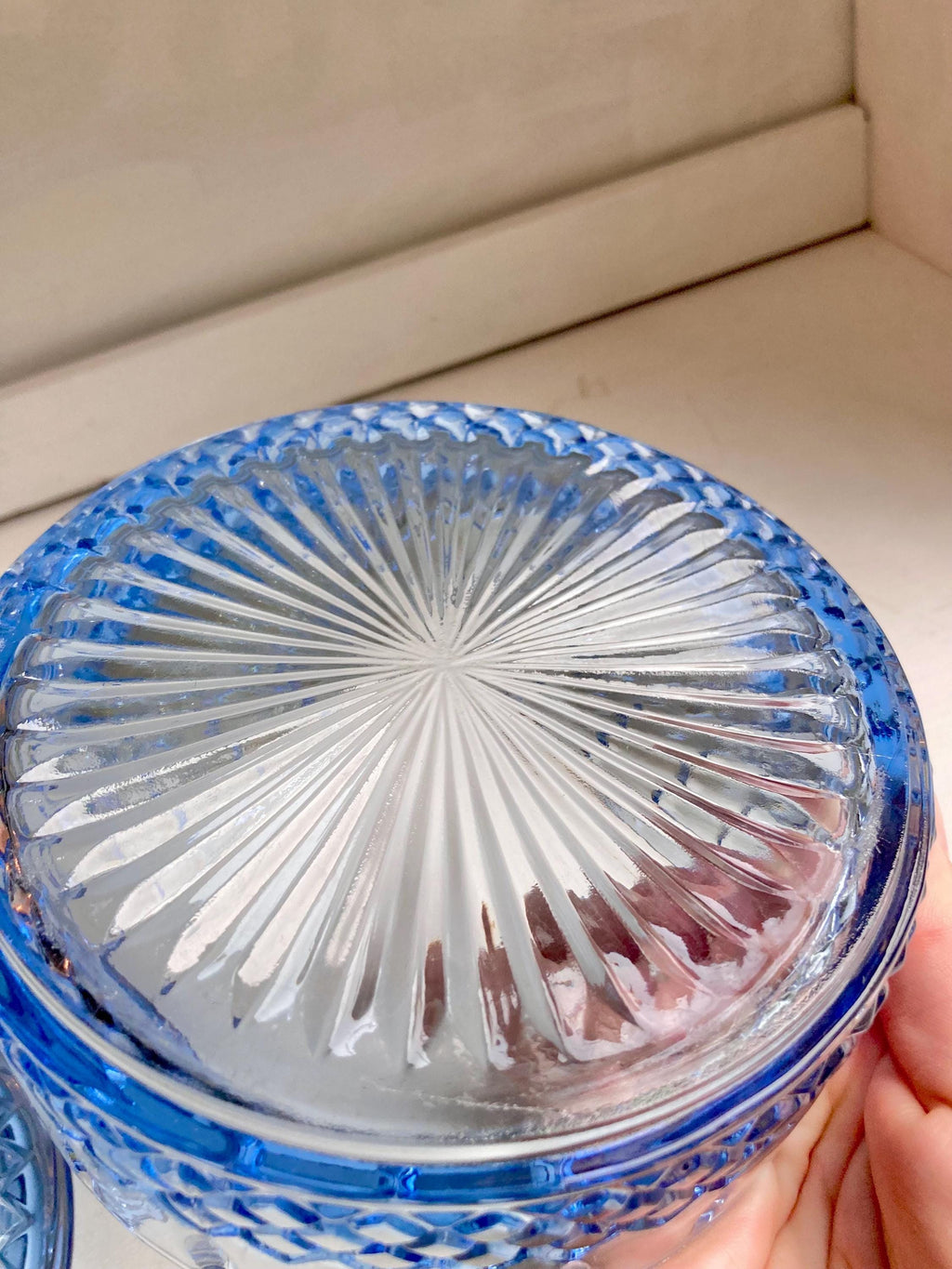 Vintage Indiana Glass Celeste Blue Lidded Candy Dish: Lattice Starburst Pattern