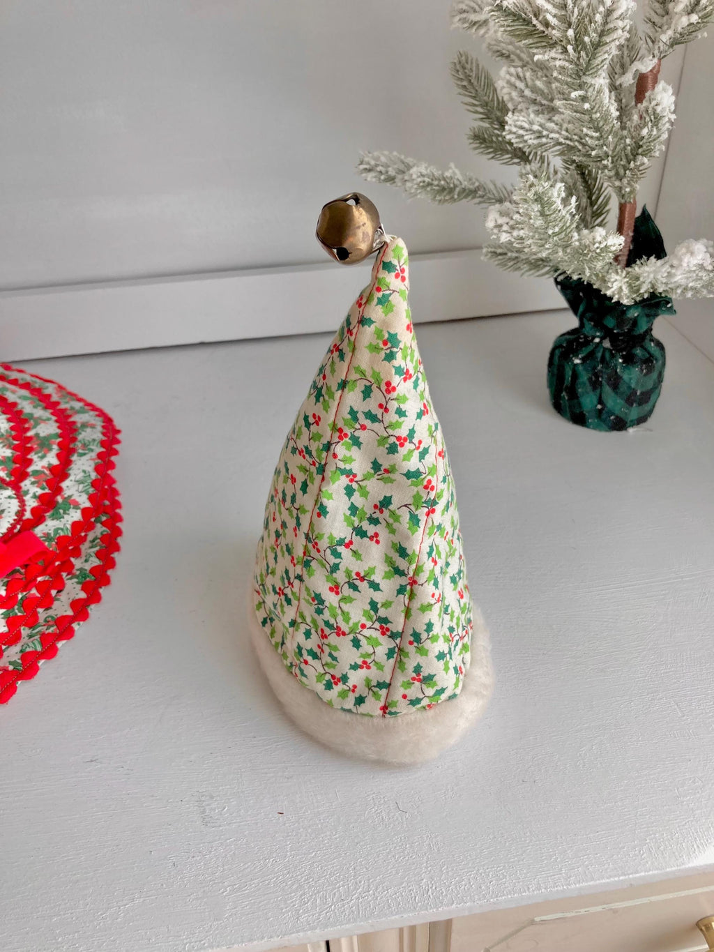 Vintage Mini Quilted Christmas Cap: Faux Fur Lined Santa Hat with Brass Bell