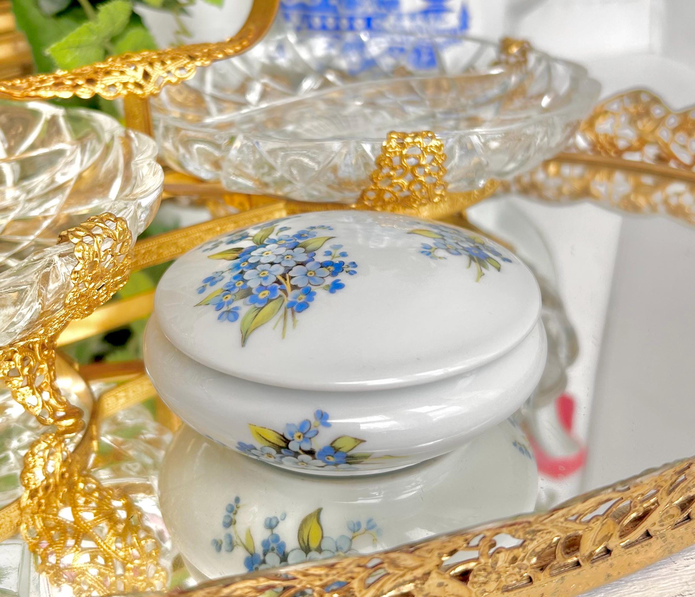 Vintage Limoges Rochard Porcelain Trinket Dish with Lid, Forget-me-not Floral Pattern