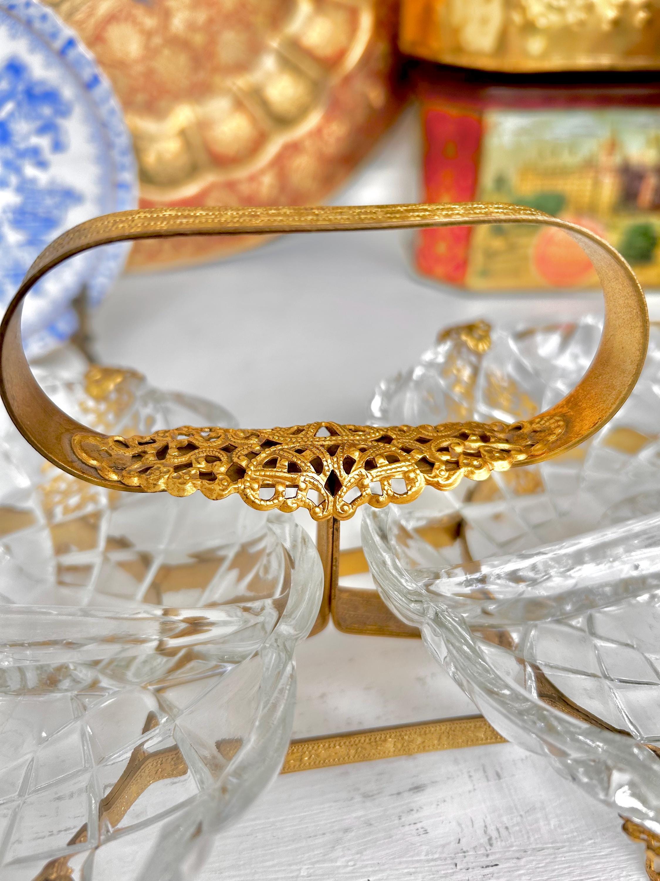 Vintage Gilt Metal & Glass Serving Caddy: Ormolu Double Dish with Handle