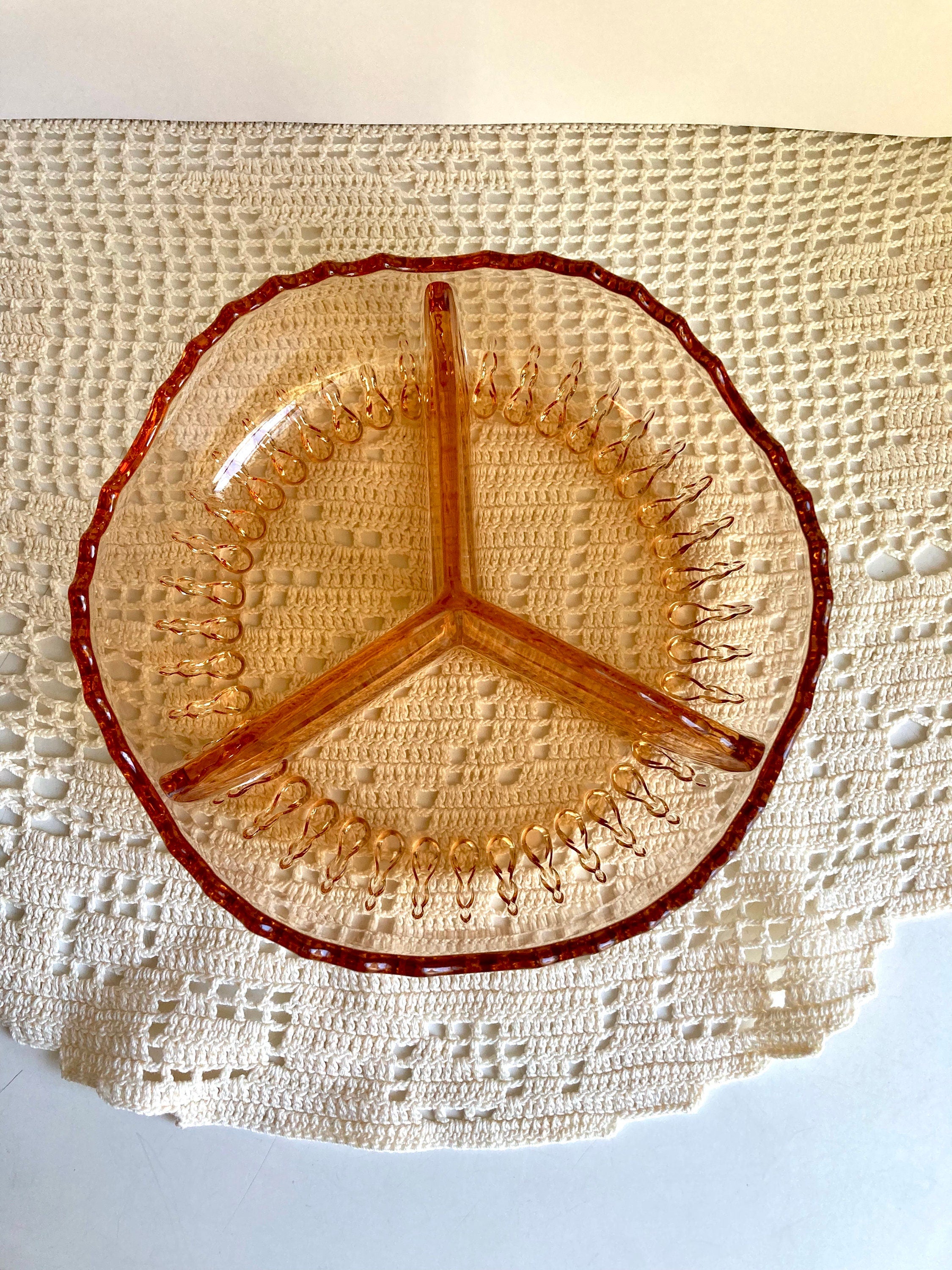 Vintage Amber Glass Divided Dish: Sawtooth Edge, 7-inch