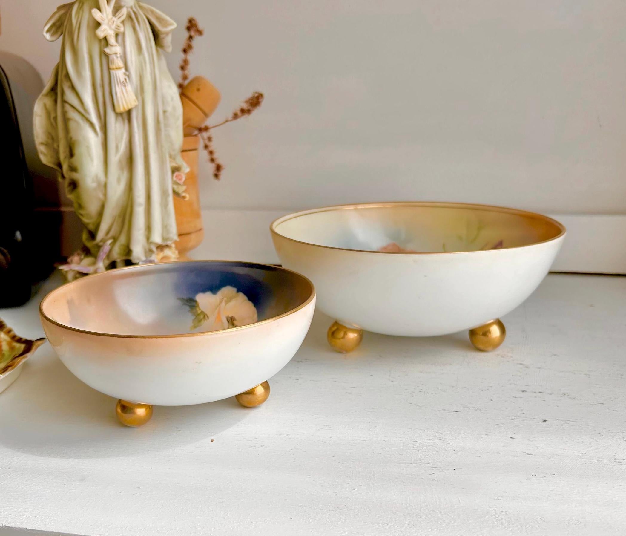 Antique Royal Rudolstadt Prussia Porcelain Bowls: Hand-Painted Rose Floral, Gilt Footed - Set of 2