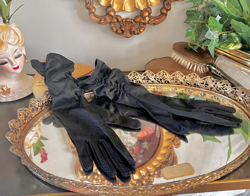 Vintage Ruched Ladies Gloves in Perforated Black Nylon, USA