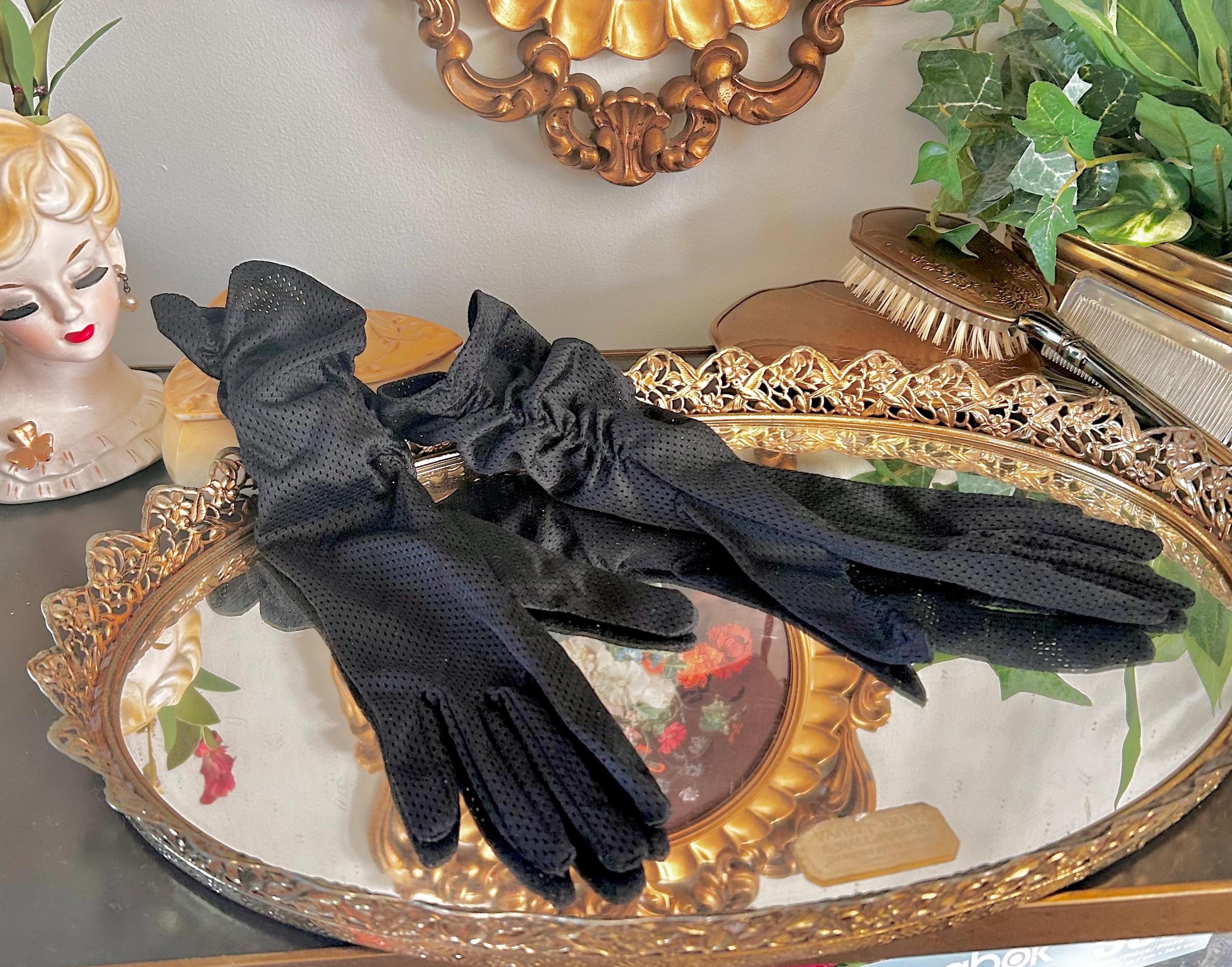Vintage Ruched Ladies Gloves in Perforated Black Nylon, USA