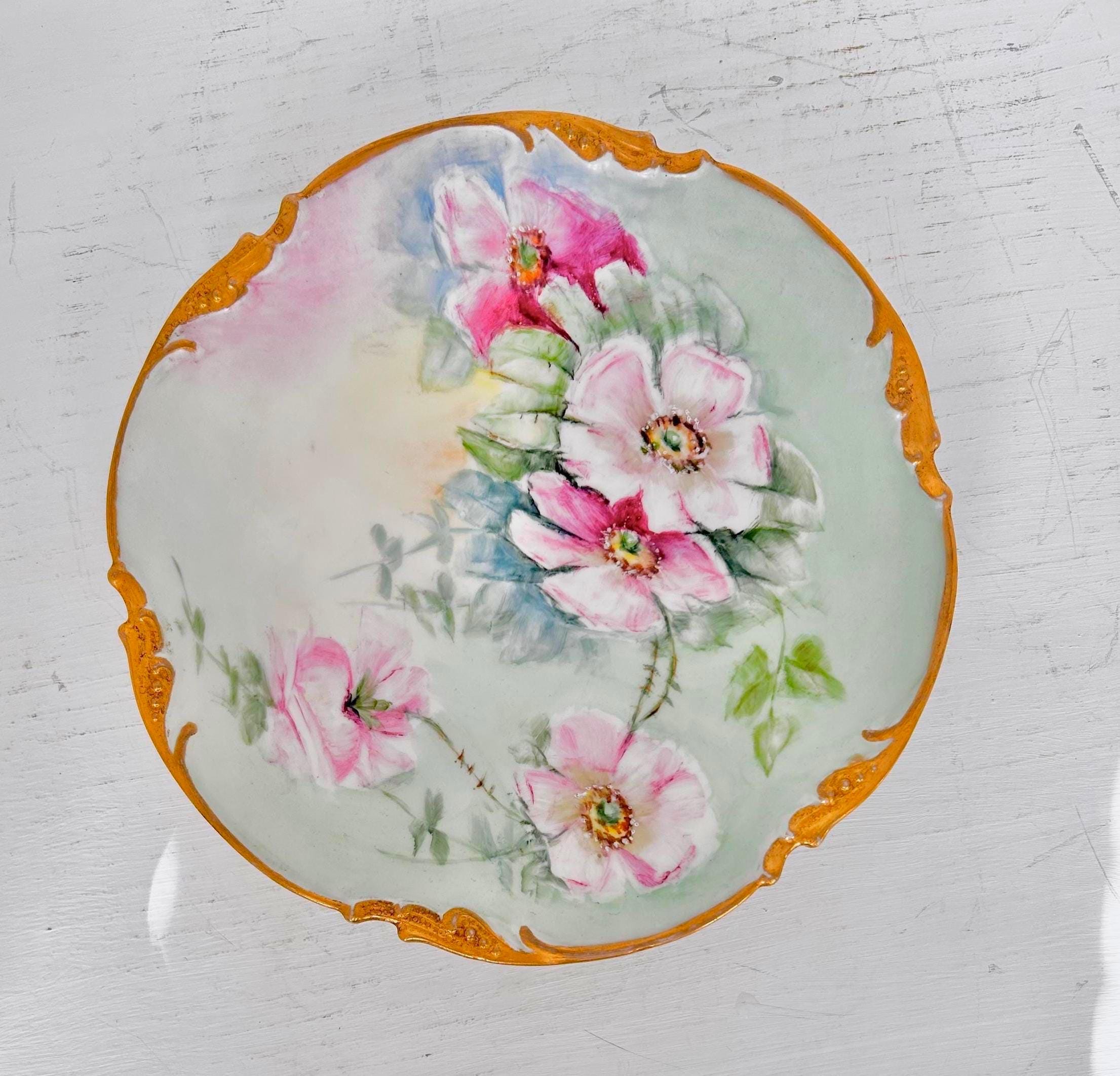 Antique JPL Limoges Dinner Plate Gilt with Hand-painted Dogwood Roses