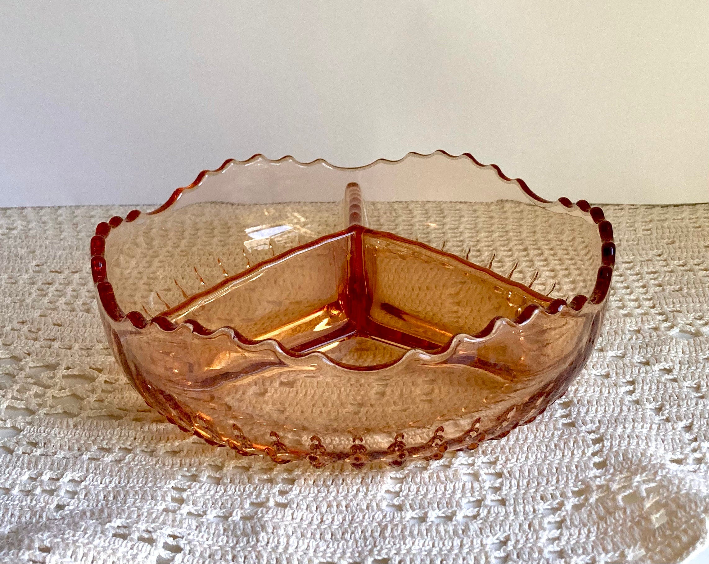 Vintage Amber Glass Divided Dish: Sawtooth Edge, 7-inch