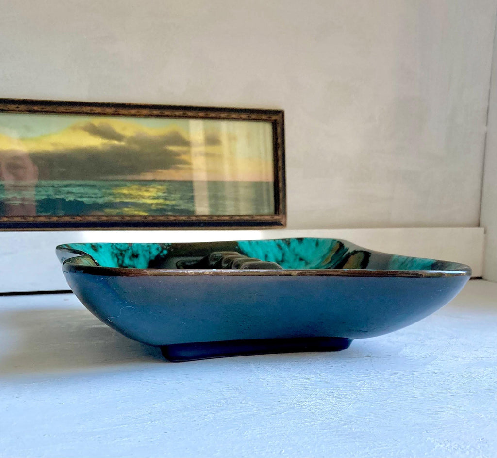 Vintage MCM Drip Glaze Ceramic Ashtray: Turquoise & Olive Green