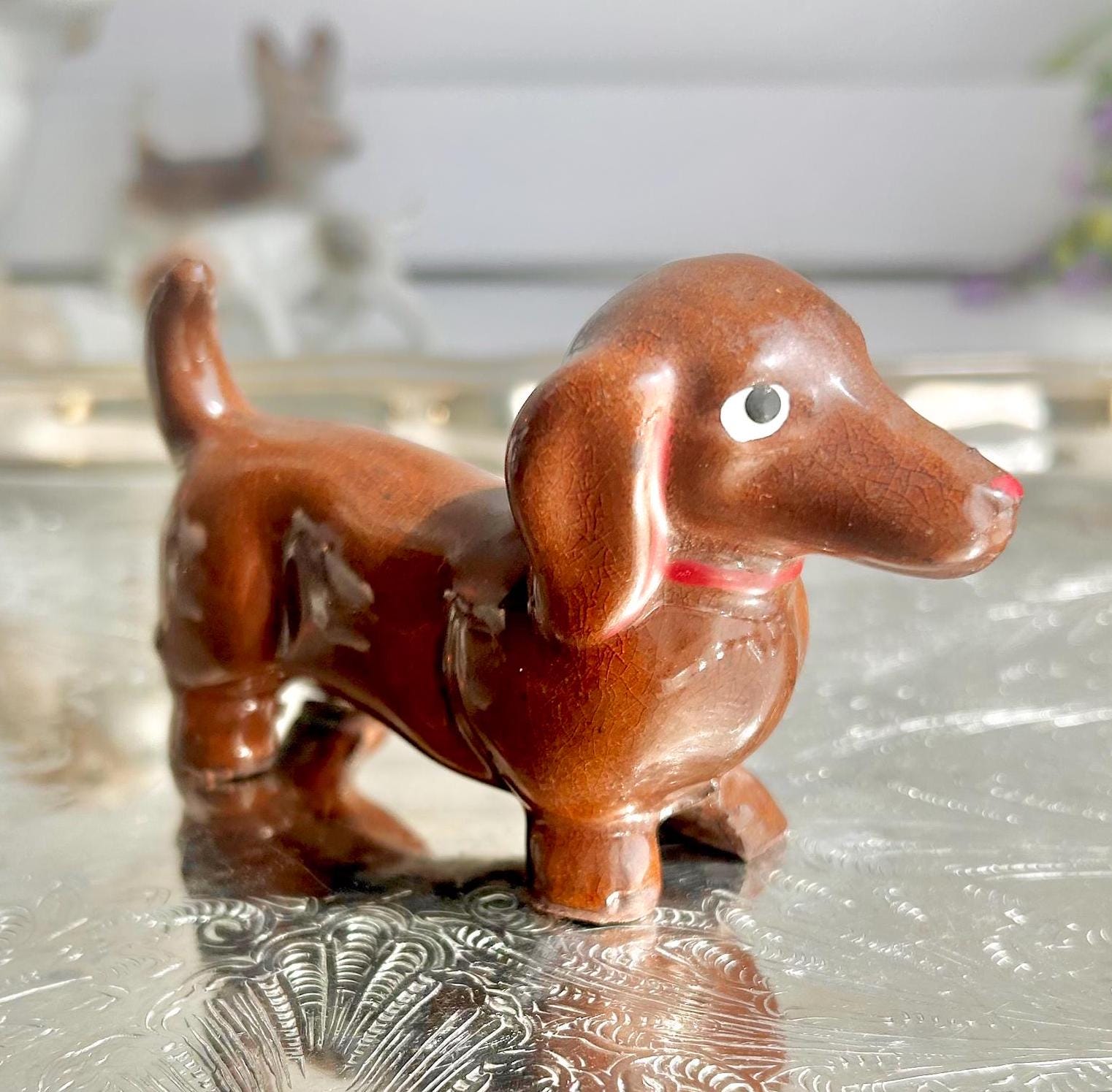 Vintage Hand Painted Ceramic Dachshund Figurine - 4 inch