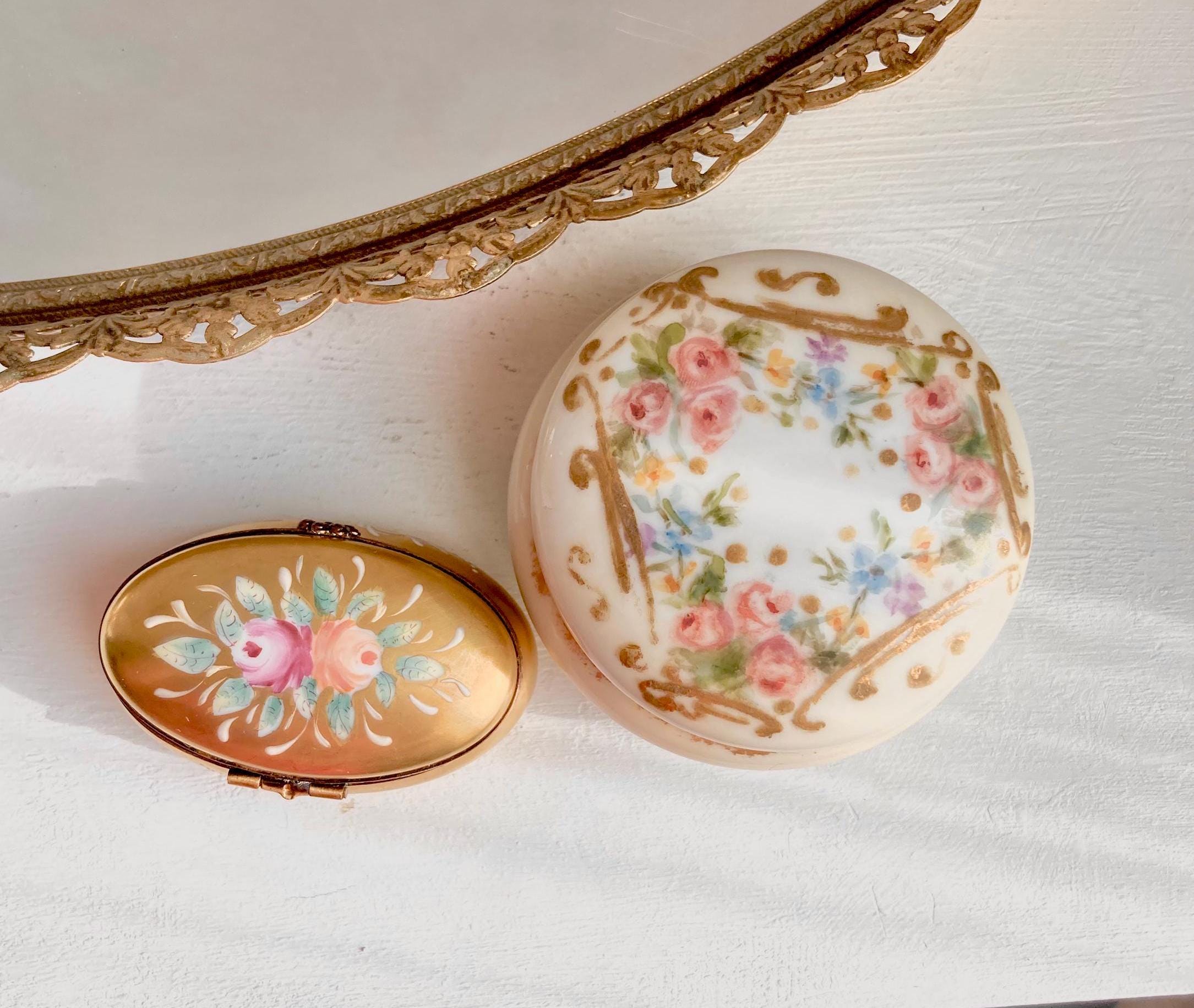Vintage Limoges Porcelain Lidded Box: Hand-Painted Floral Gilt Jewelry Box