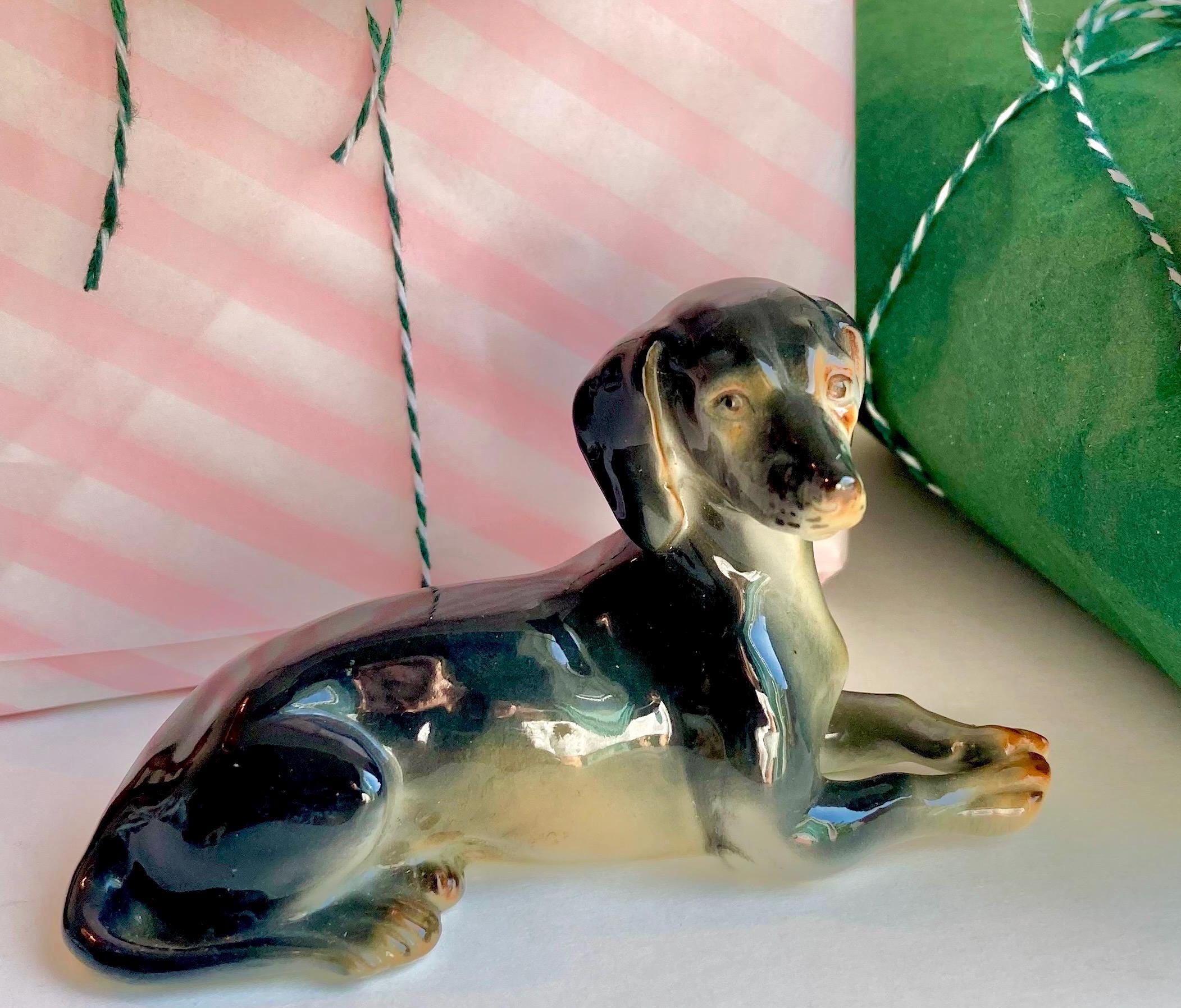 Vintage German-made Ceramic Dog Figurine - Hand painted Lifelike reclining Dacshund