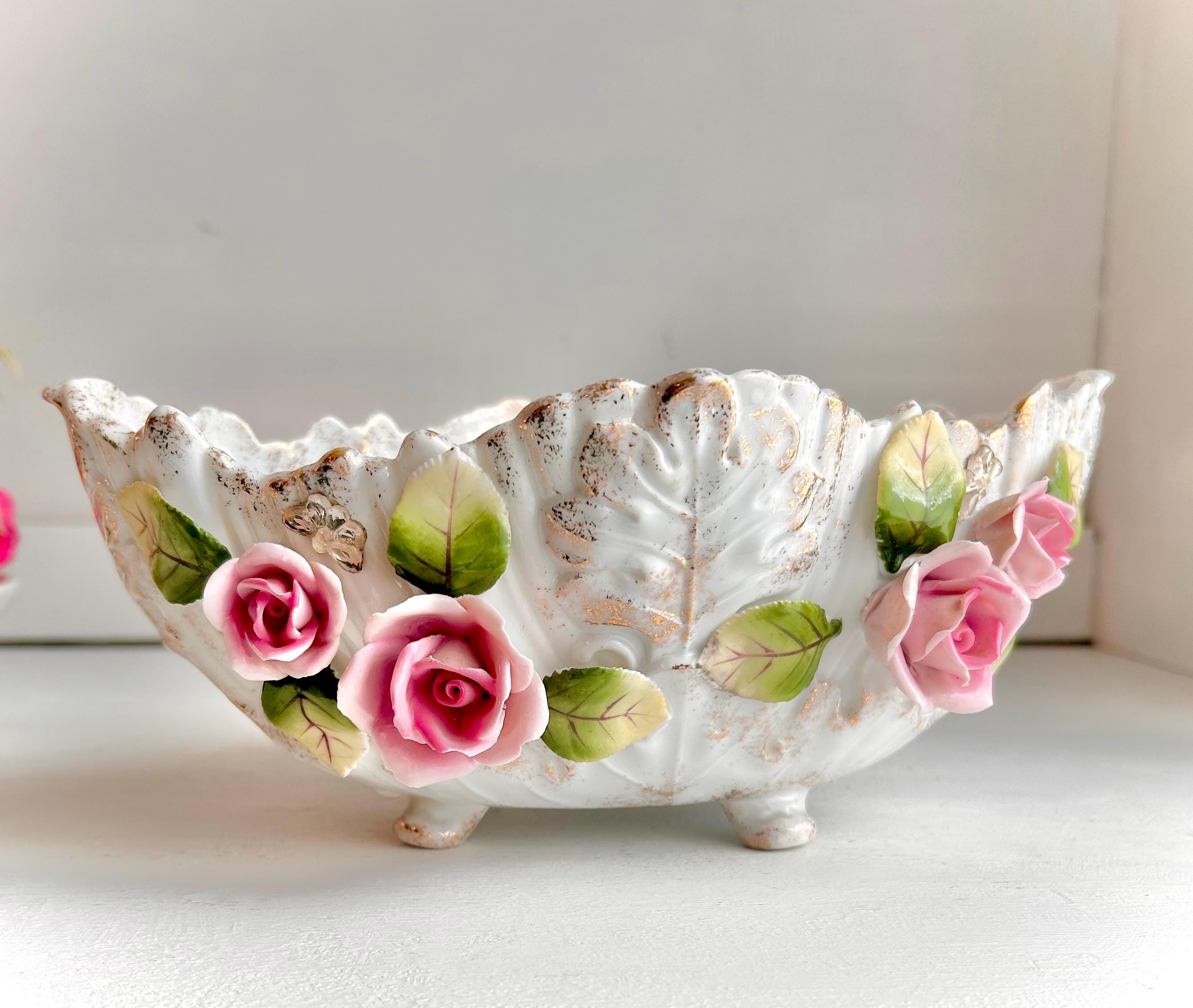 Vintage LEFTON Ceramic Footed Bowl: Pink Roses, Rhinestone Butterflies