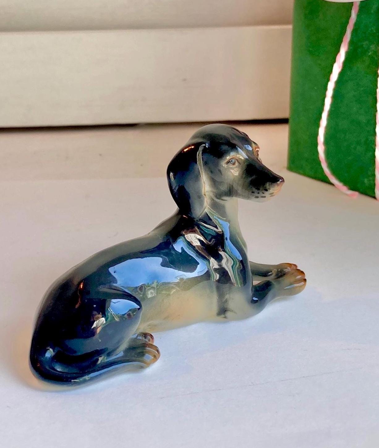 Vintage German-made Ceramic Dog Figurine - Hand painted Lifelike reclining Dacshund