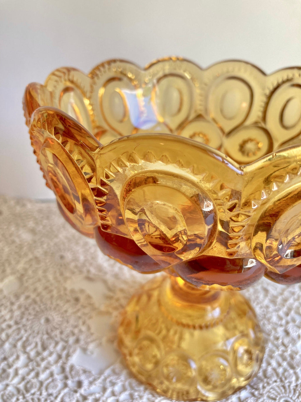 Vintage LE Smith Moon and Stars Amber Glass Pedestal Stem Compote