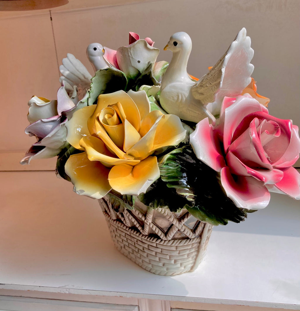 1970s Nuova Capodimonte 17" Grand Centerpiece with Pair of Doves, Basket of Roses