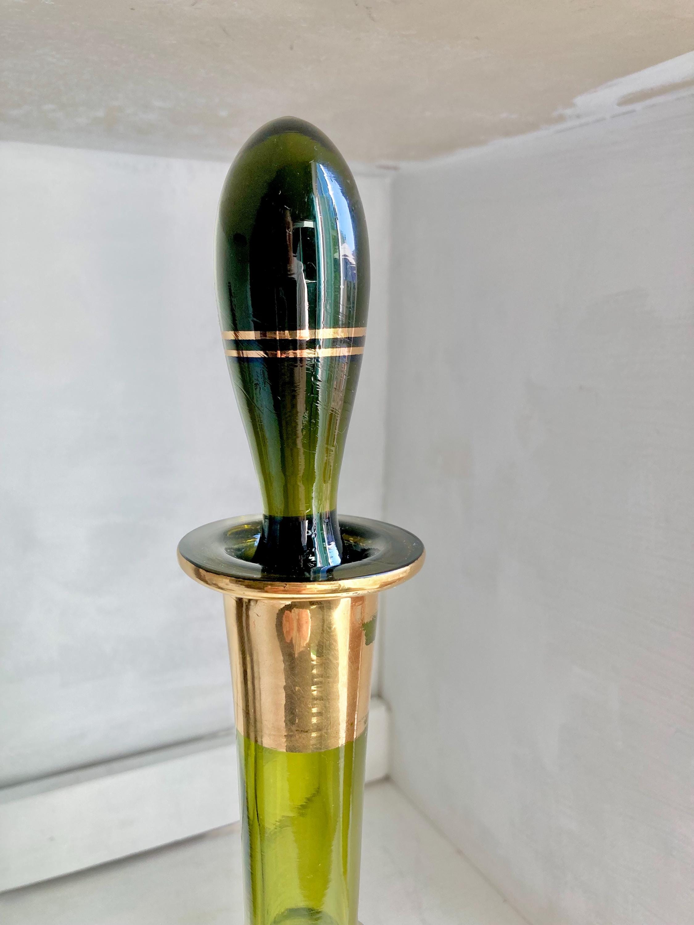 Vintage Blown Green Glass Decanter: Teardrop Stopper, Gold Trim
