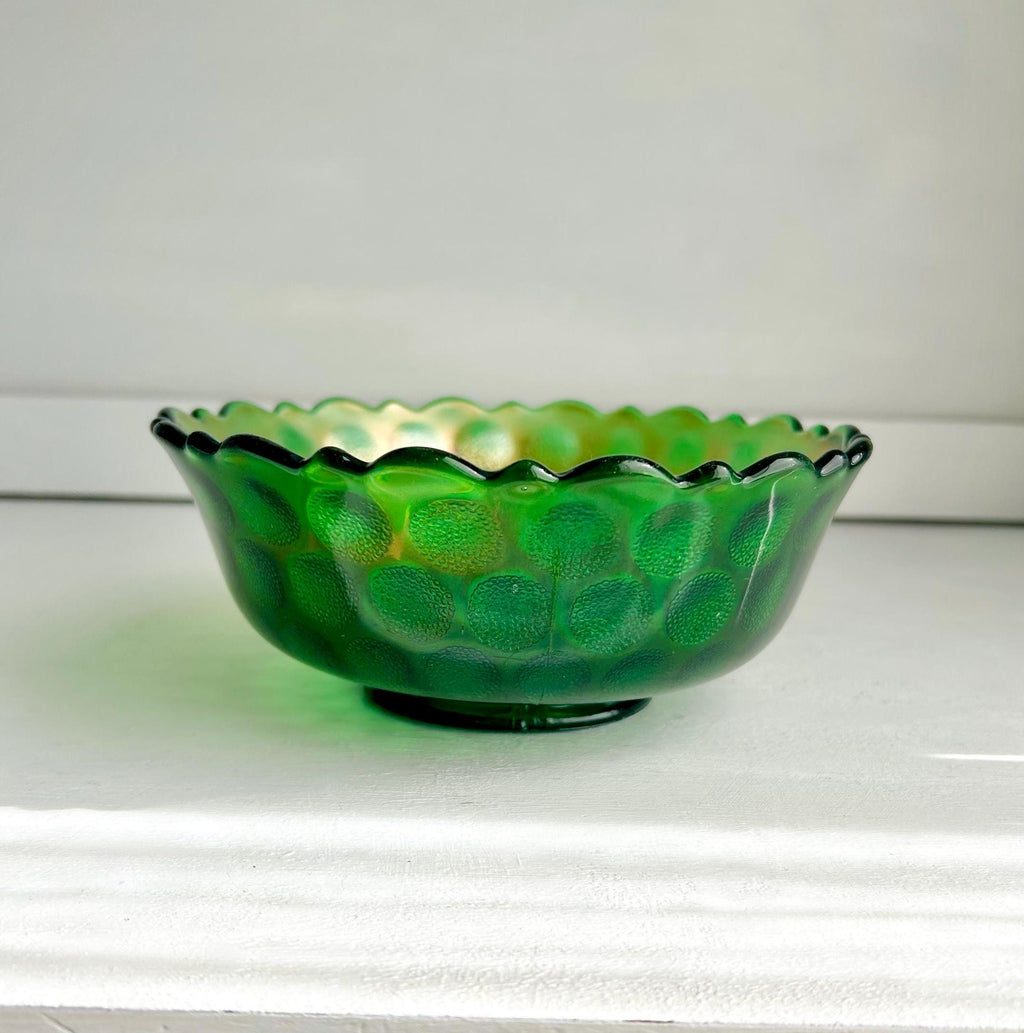 Vintage Fenton Emerald Carnival Glass Bowl: Coin Dot Pattern, Sawtooth Rim
