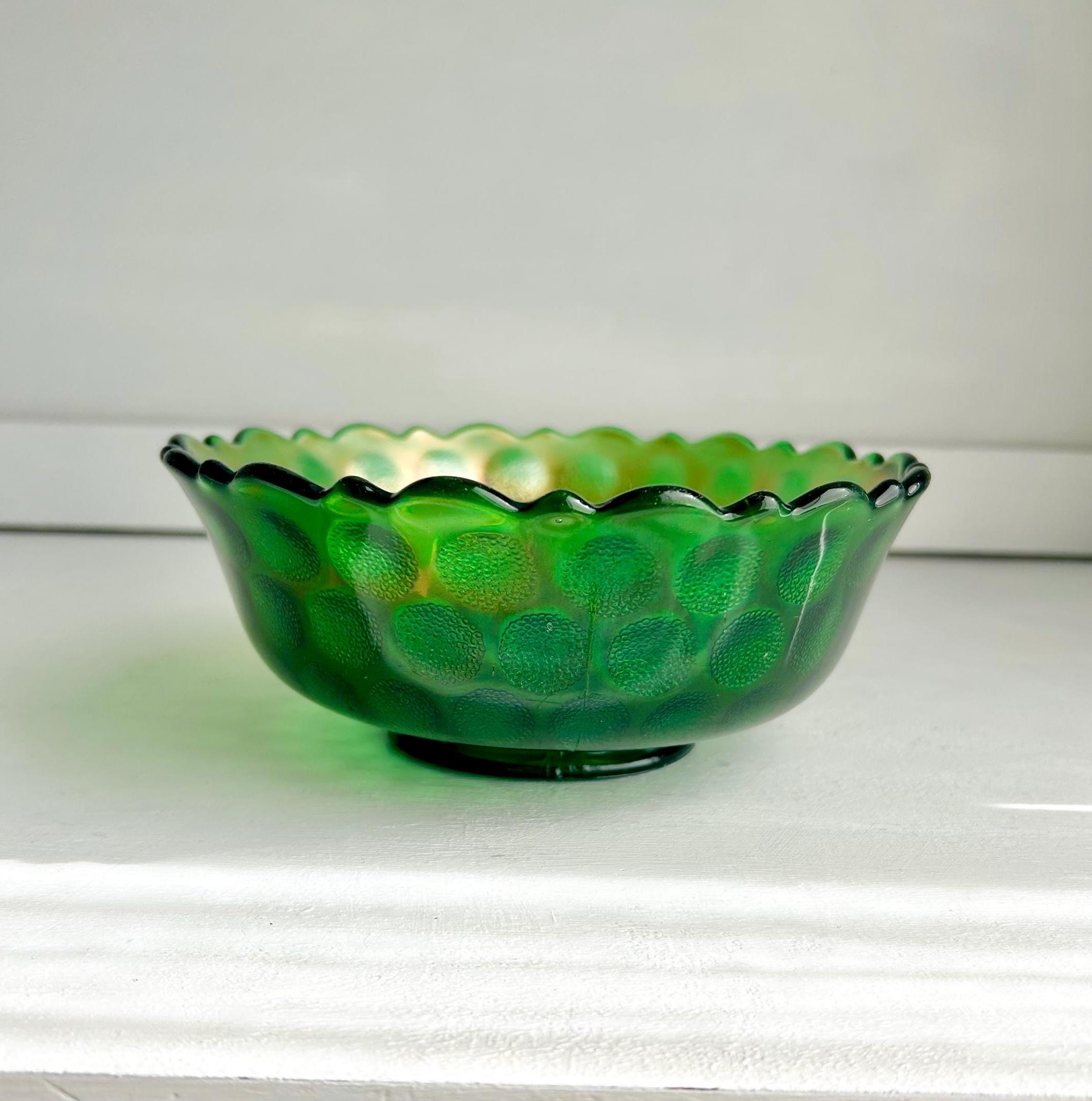 Vintage Fenton Emerald Carnival Glass Bowl: Coin Dot Pattern, Sawtooth Rim