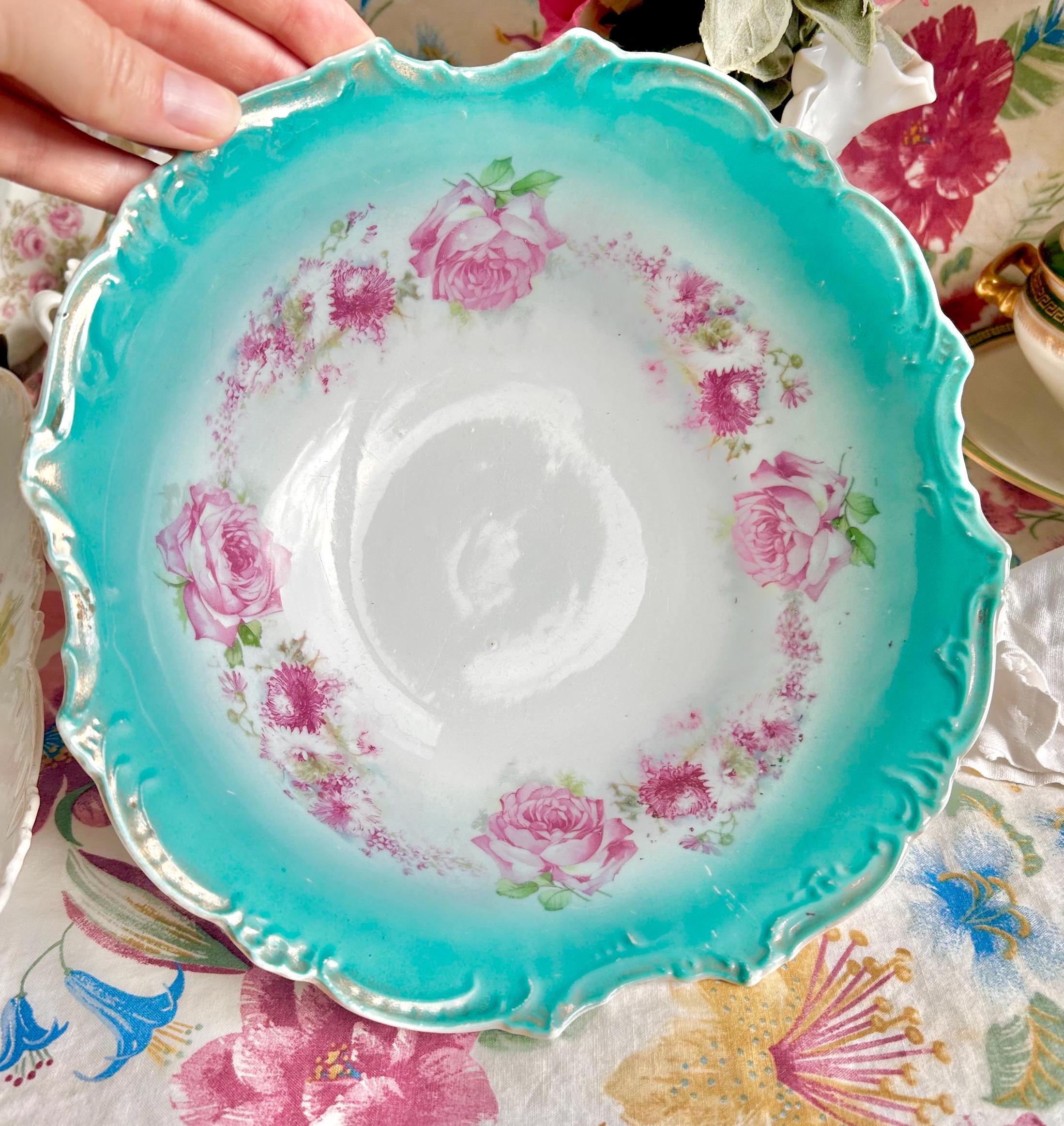Vintage Porcelain Serving Bowl: Teal Rim, Rose Garland, Scalloped Edge (10-inch)