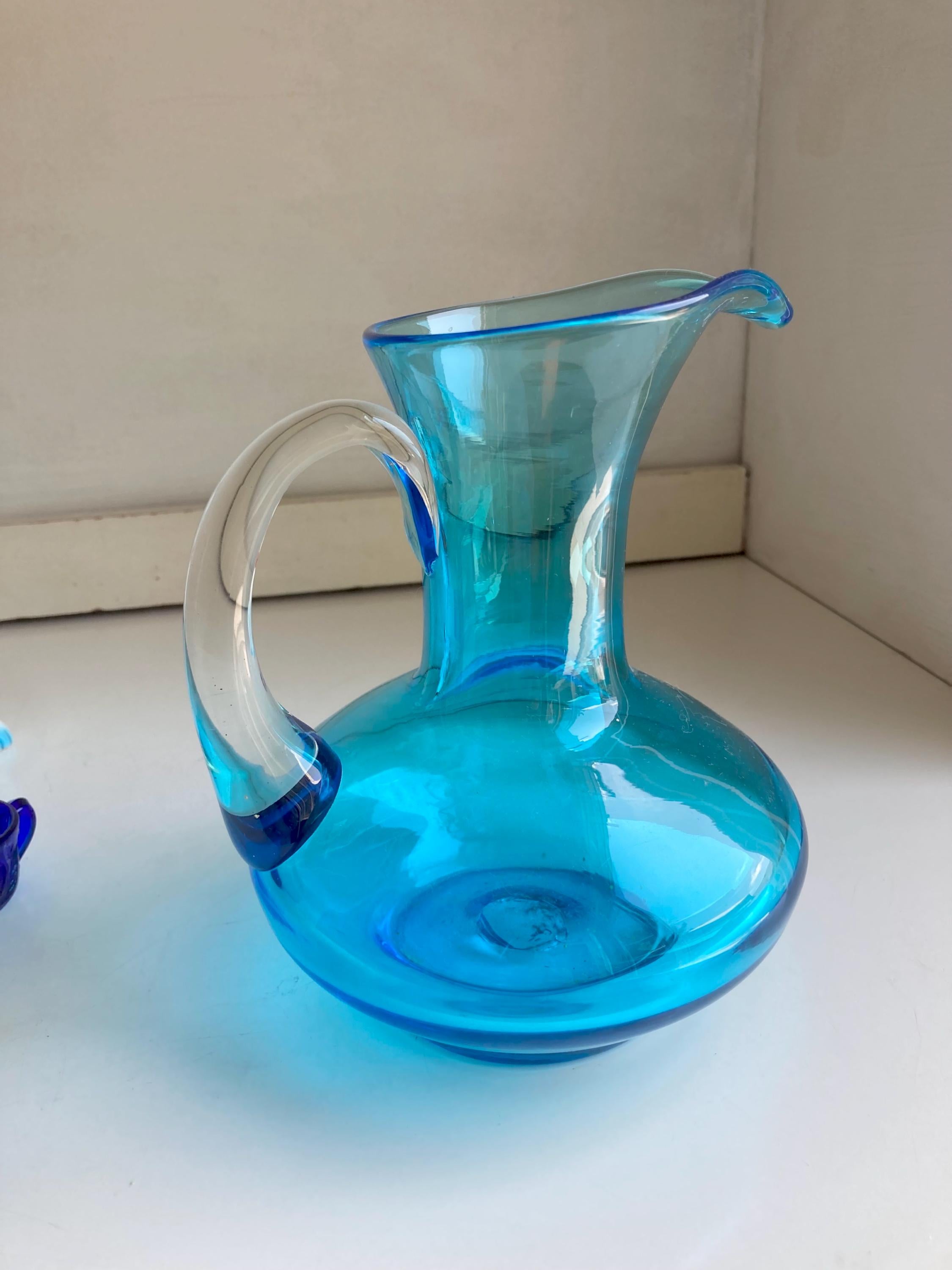 Vintage Blown Blue Glass Pitcher: Applied Clear Handle, Broad Base