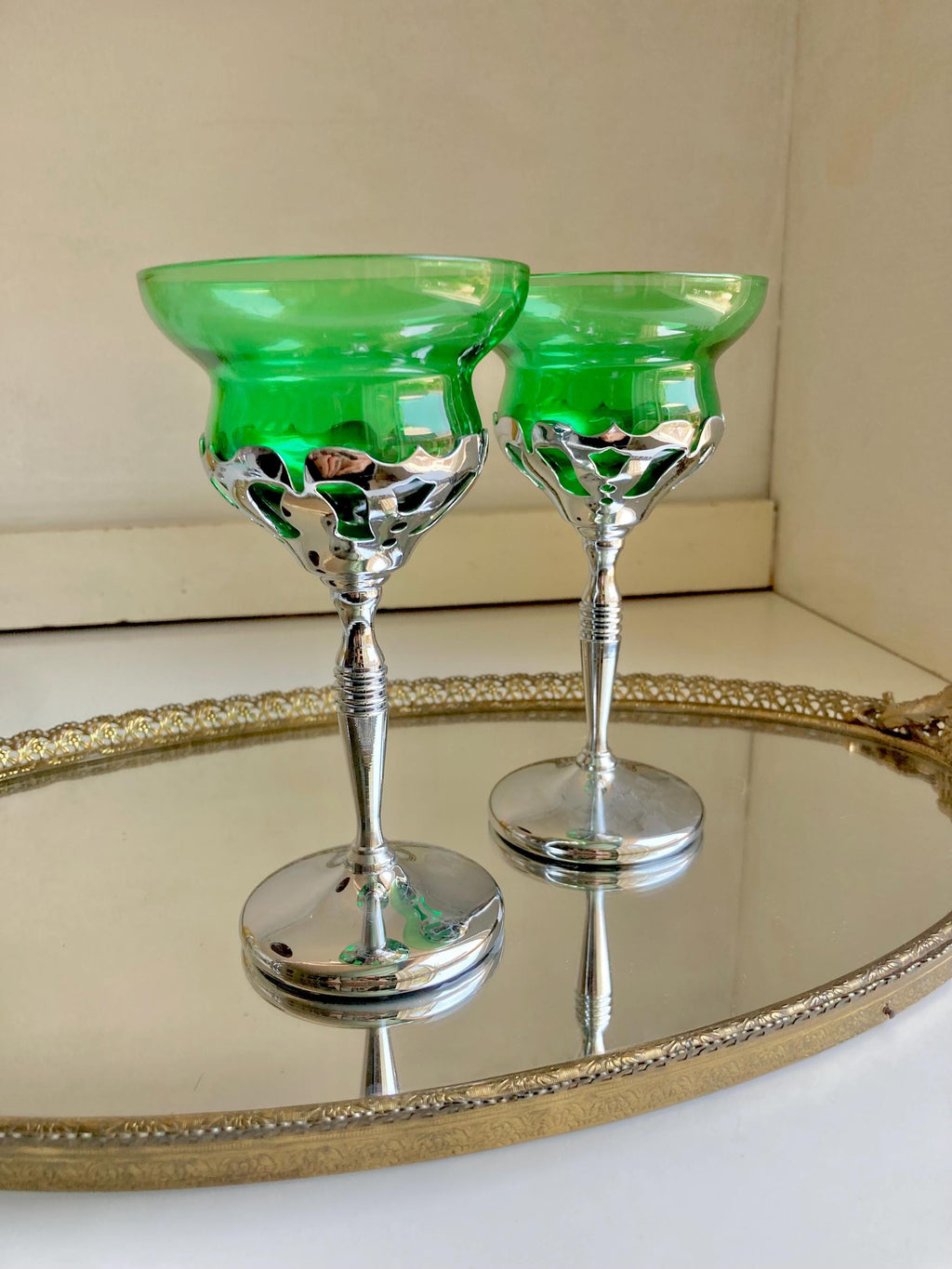 Midcentury Farber Bros Chrome Stem Glassware: Art Nouveau Cocktail Glasses