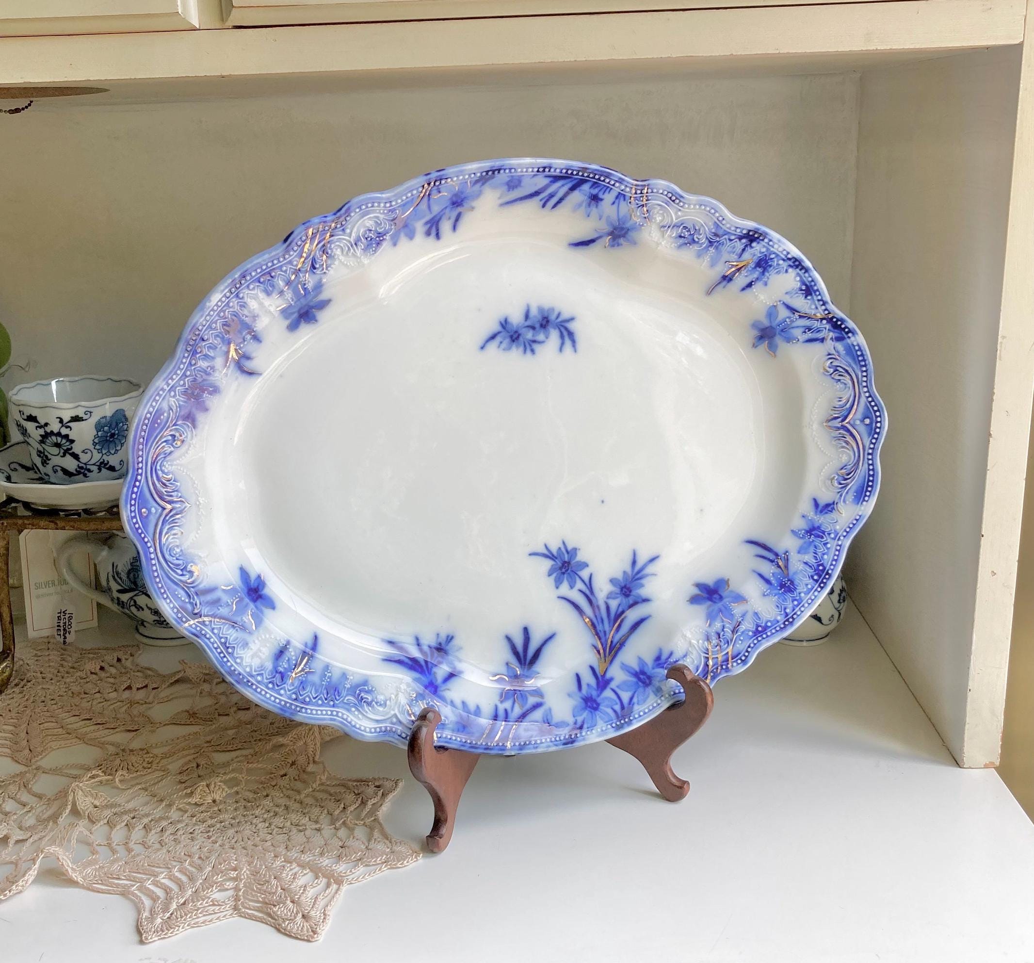Antique Grindley Flow Blue Platter: 16" Dover Daffodil Floral