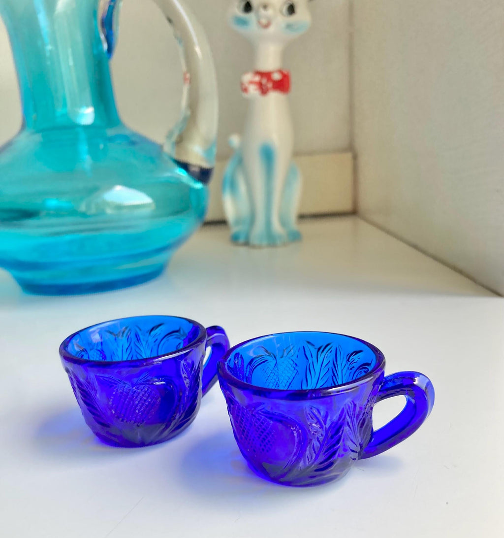 Vinage Cobalt Blue Glass Salt Cellars with fruit pattern, cup handles