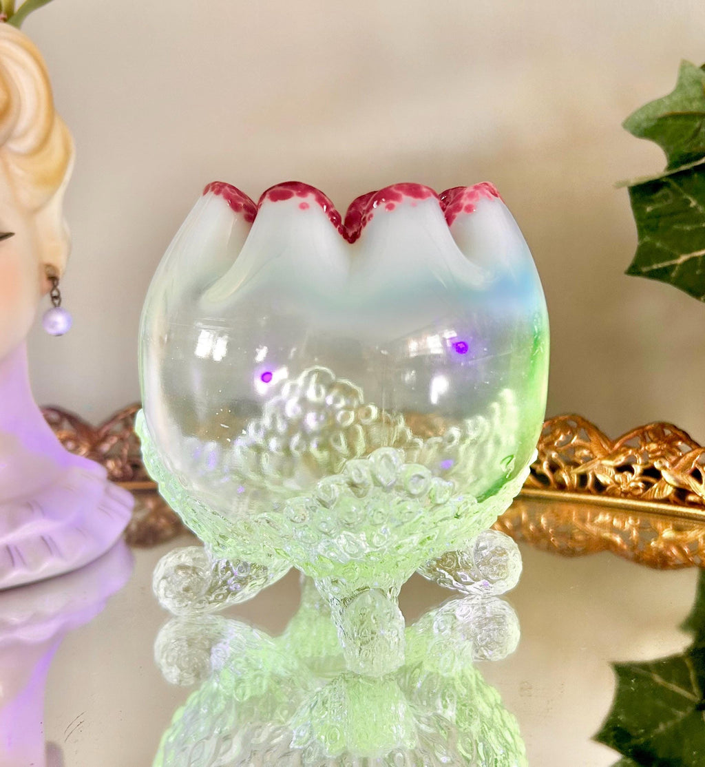 Antique EAPG Uranium Clear and Opalescent Glass Footed Rose Bowl with Pink Edge
