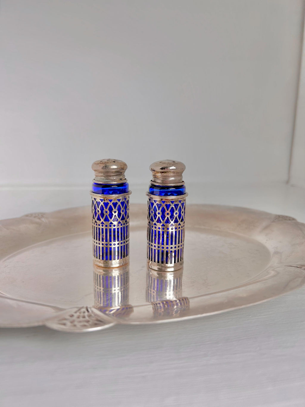 Vintage Cobalt Blue Glass Salt and Pepper Shakers - Silverplate Sleeves